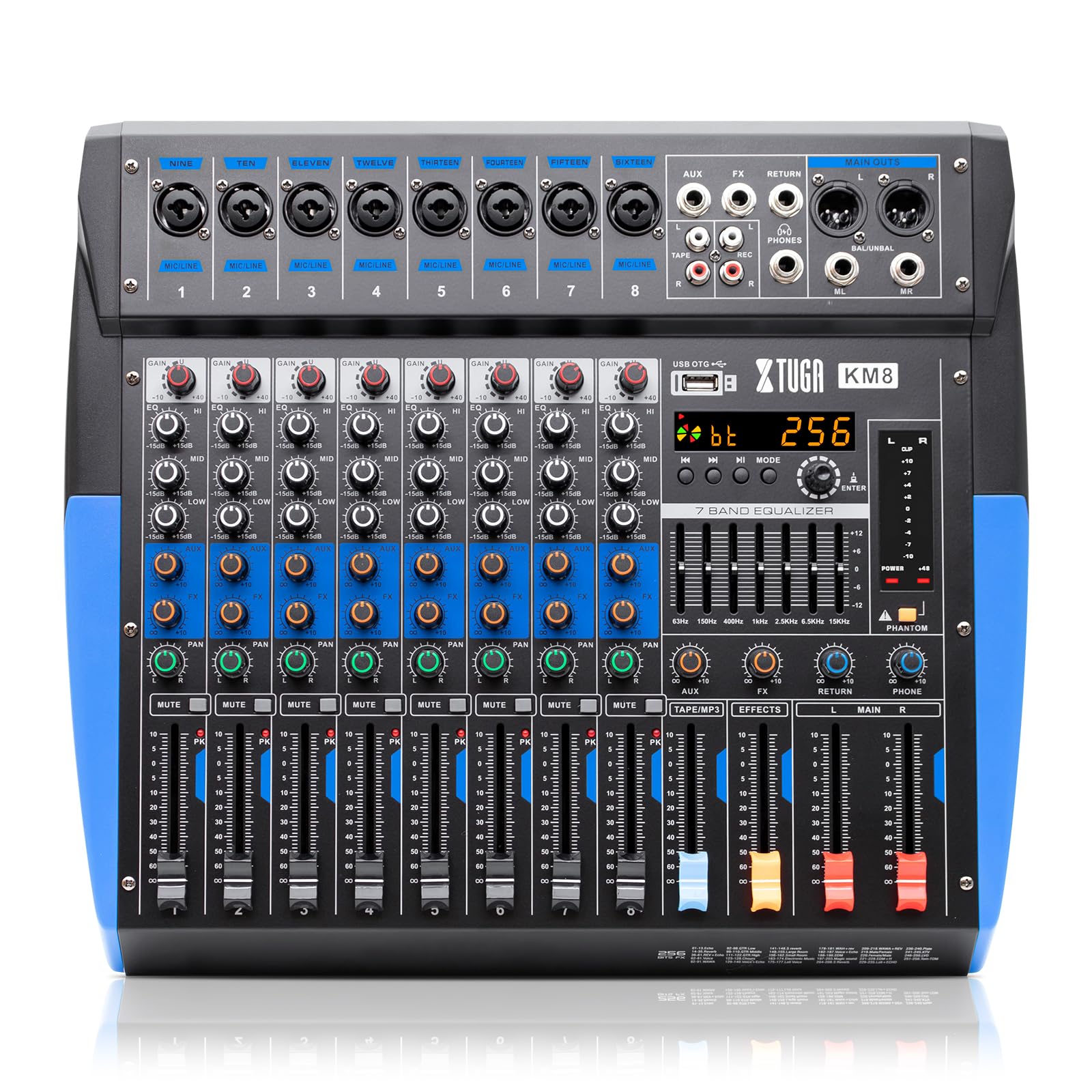 XTUGA KM8 - Mezclador de audio profesional de 8 canales, compatible con Bluetooth/USB/MP3, alimentación fantasma de 48 V, efecto DSP 256 para grabación de PC, karaoke, rendimiento de escenario