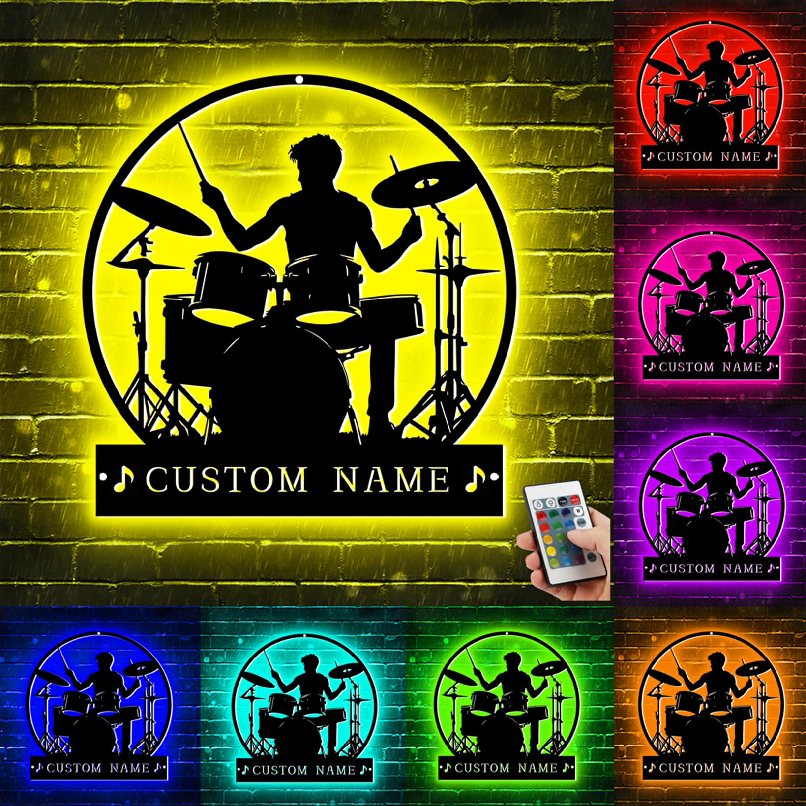 Dertacoa Custom Male Drummer Metal Wall Art With LED Lights Personalized Drummer Name Metal Signs Musical Room Instrument Metal Wall Decor Gift for