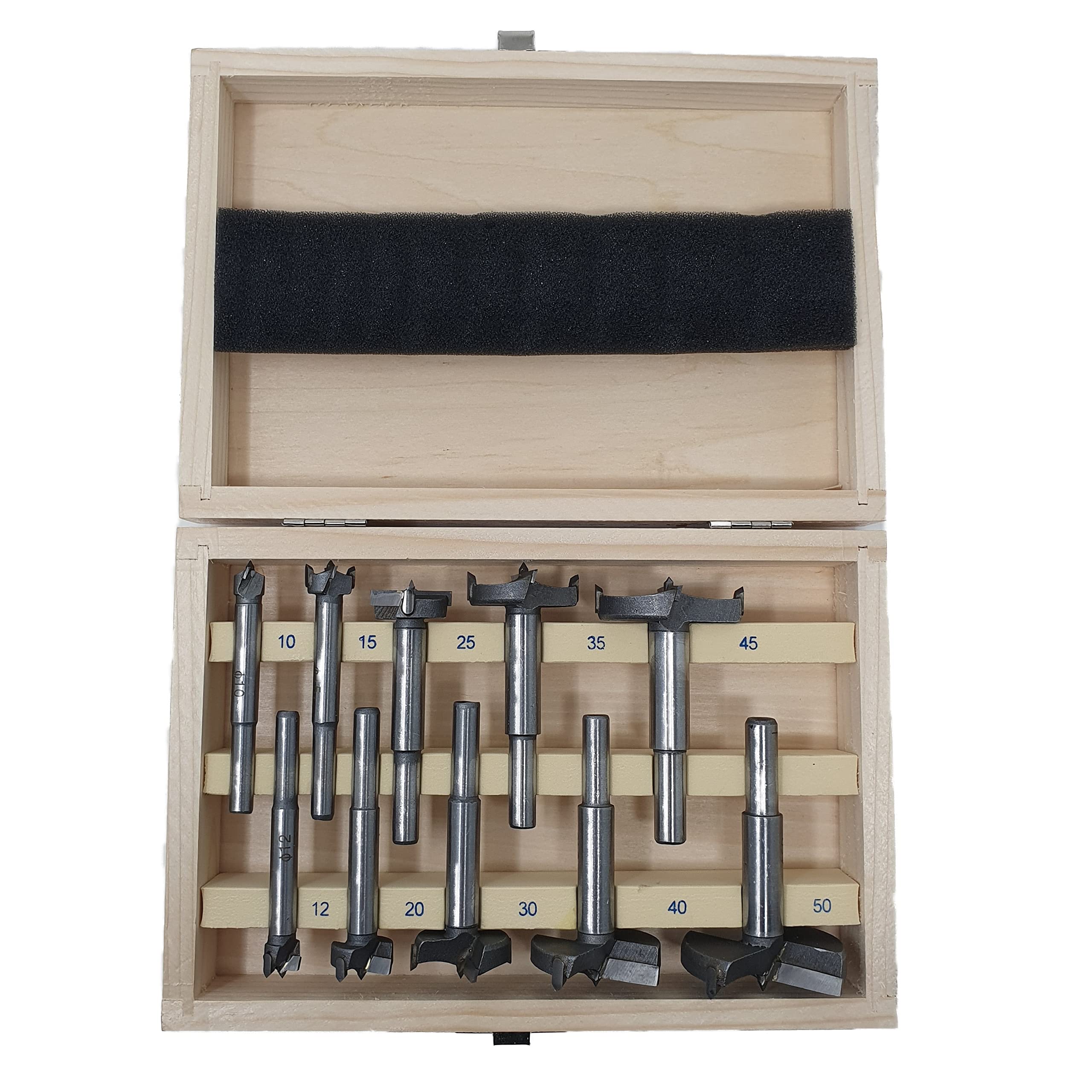 jjw-germany Set di 10 punte in metallo duro per trapano Forstner, D=10/12/15/20/25/30/35/40/45/50 mm, adatto per legno duro e avvitatore a batteria