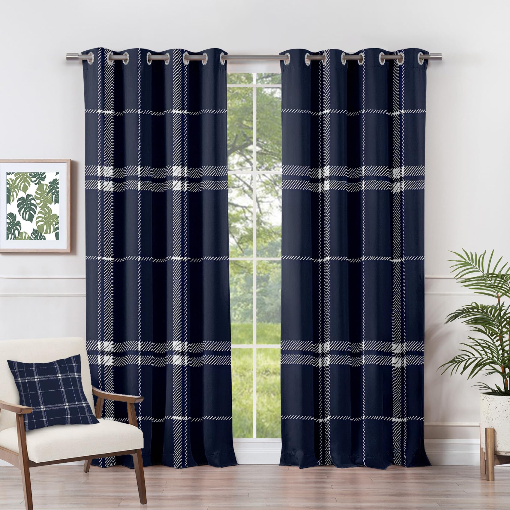 Tende oscuranti a quadri blu navy e nero, 2 pannelli, 116,8 x 137,2 cm, protezione dai raggi UV, con occhielli, tende moderne per camera da letto e soggiorno