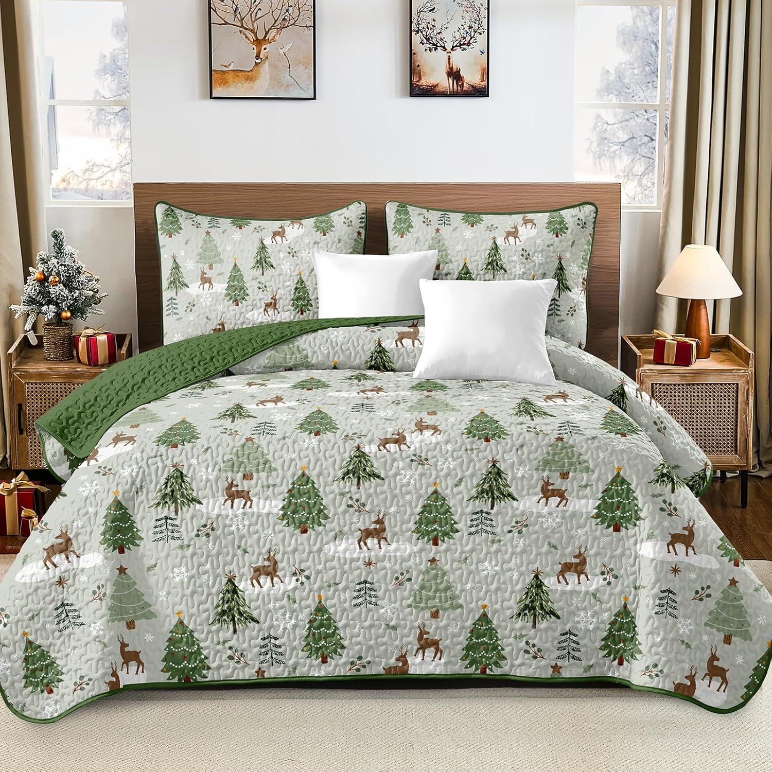 Dintszyayue King Christmas Quilt, 3 Pieces Green Christmas Tree King Size Bedspread, Soft Microfiber Winter Holiday Elk Snowflakes Coverlet Bedding Sets