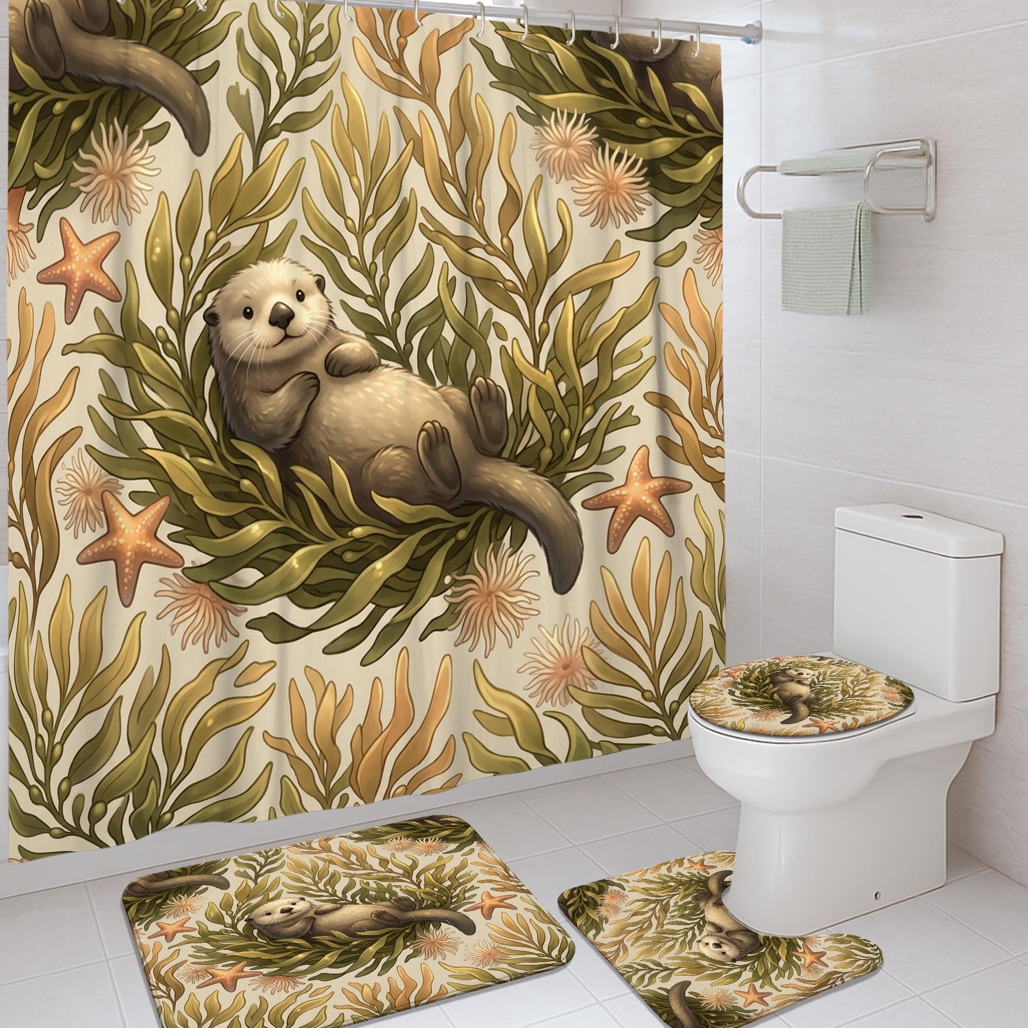 Rideau de douche loutre et algues vertes pour rafraîchir la déco d'une chambre d'amis