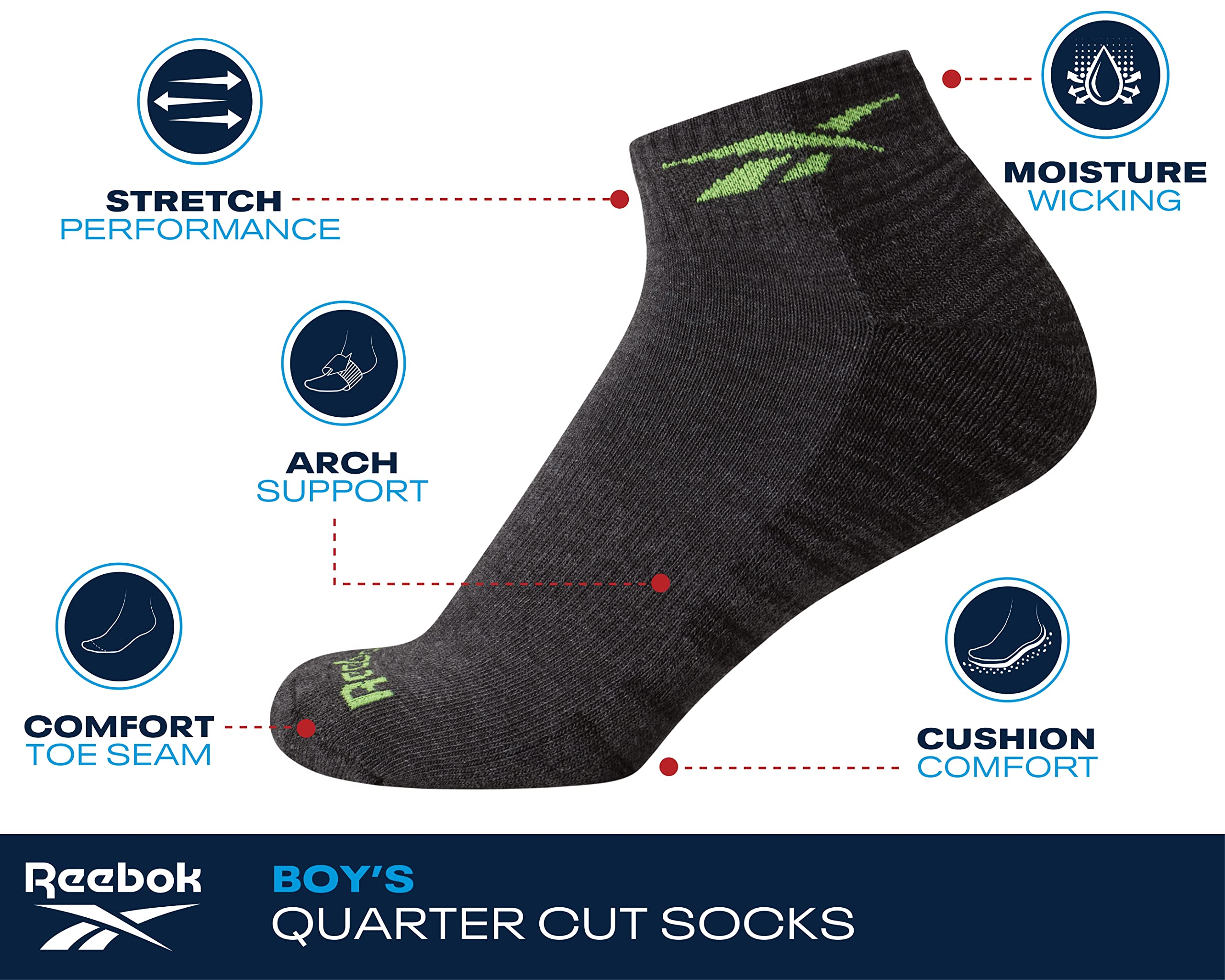 Reebok Boy's Cushioned Comfort Quarter Basic Socks With Reinforced Heel And Toe (12 Pack) | Tessuto traspirante e traspirante con cucitura rinforzata sulle dita, costruito per un uso attivo tutto il giorno