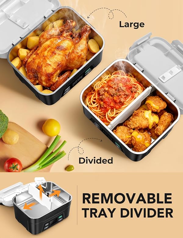 EAST OAK XL 6.3 Cups Cordless Electric Lunch Box for Adults, Heated Lunch Box Battery Powered with Automatic Heating, Portable Food Warmer with Removable Tray Divider by EAST OAK - Image 5