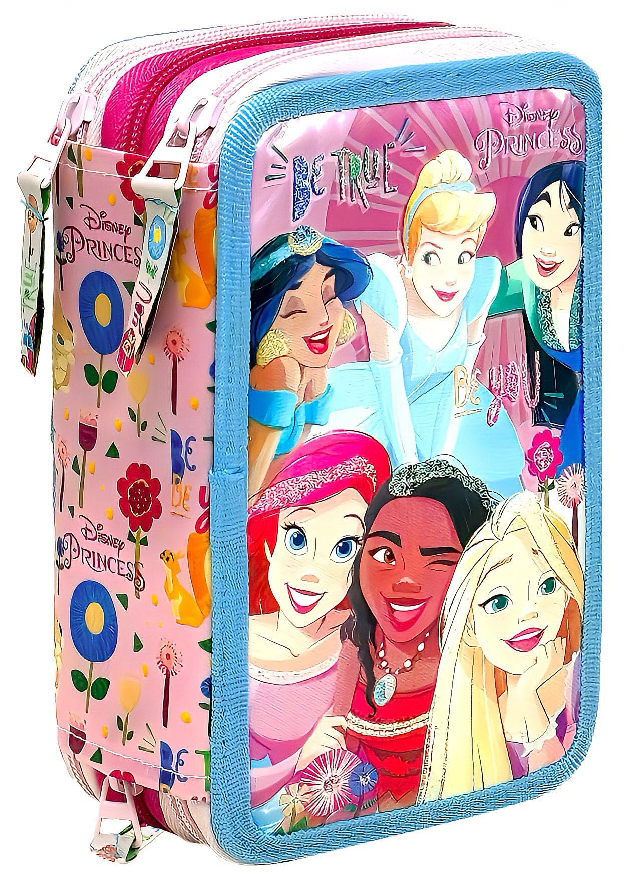 Clondo Estuche Triple Lleno para Niñas, para Princesas Fan, Plumier Triple, 45 Accesorios Primaria, 20cm, 3 Cremalleras, Compartimentos Organizados, La Sirenita, Rapunzel, Cenicienta