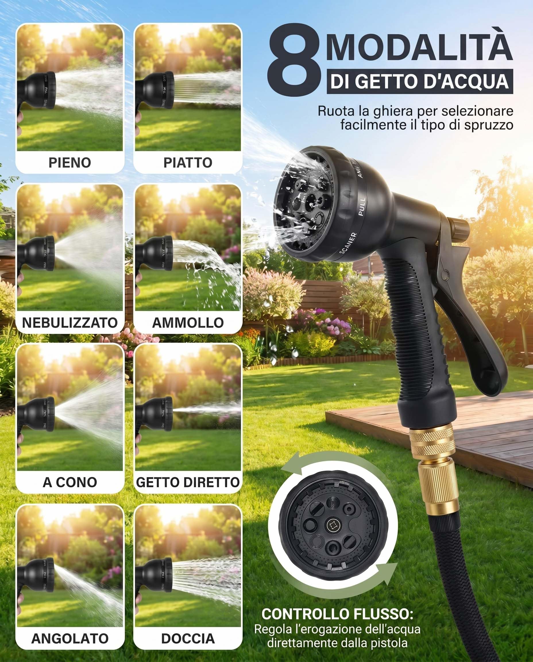 Tubo da Giardino Estensibile Ispessito 30m 100FT Canna Acqua con 8 Funzioni con Pistola Acqua Giardino & Adattatore Universale 1/2" e 3/4 per Prato, Giardino