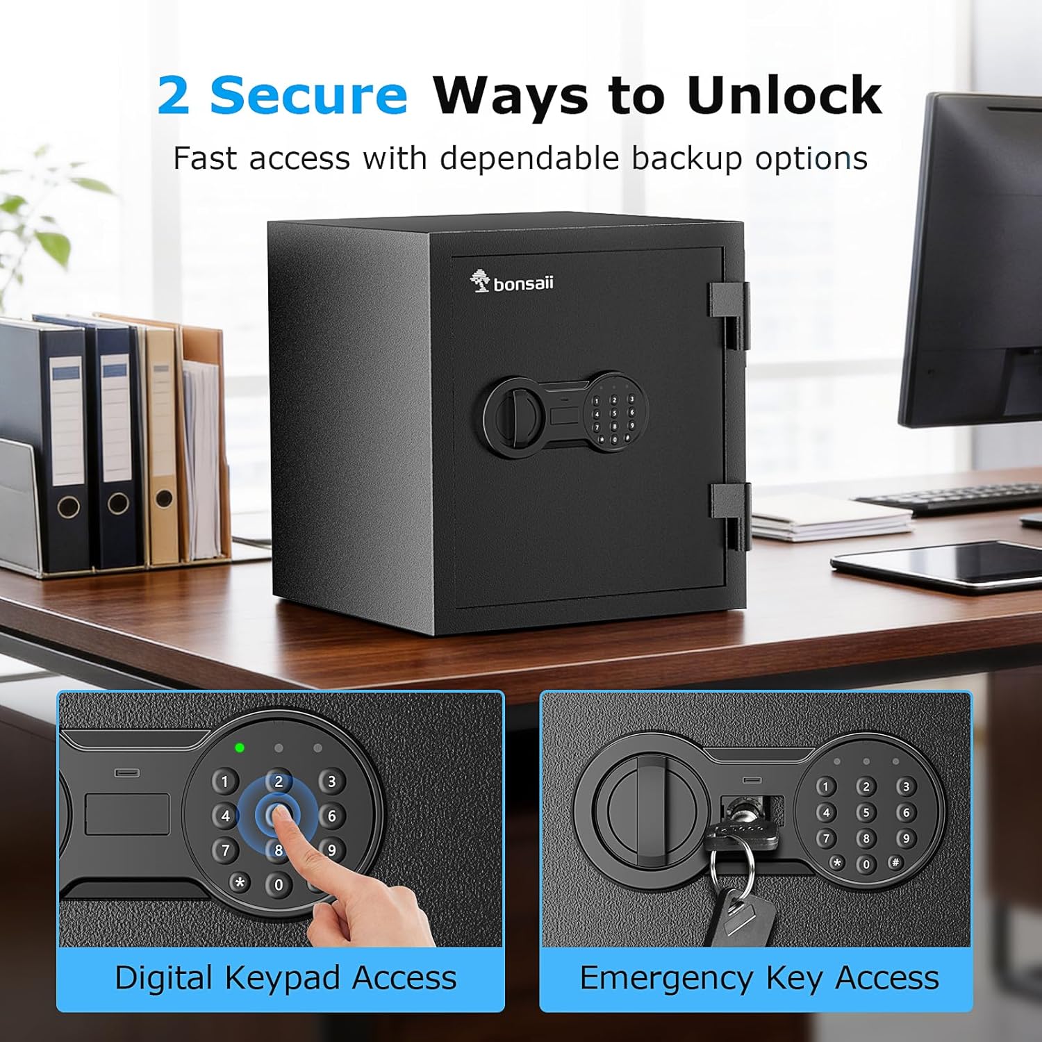 Bonsaii 0.84 cu.ft Fireproof Safe for Home, 30-Min at 1550°F, Digital Keypad & Emergency Key, Anti-Tamper Alarm, Type-C Port, 13.07"x9.21"x11.81" for Documents, Cash, Jewelry