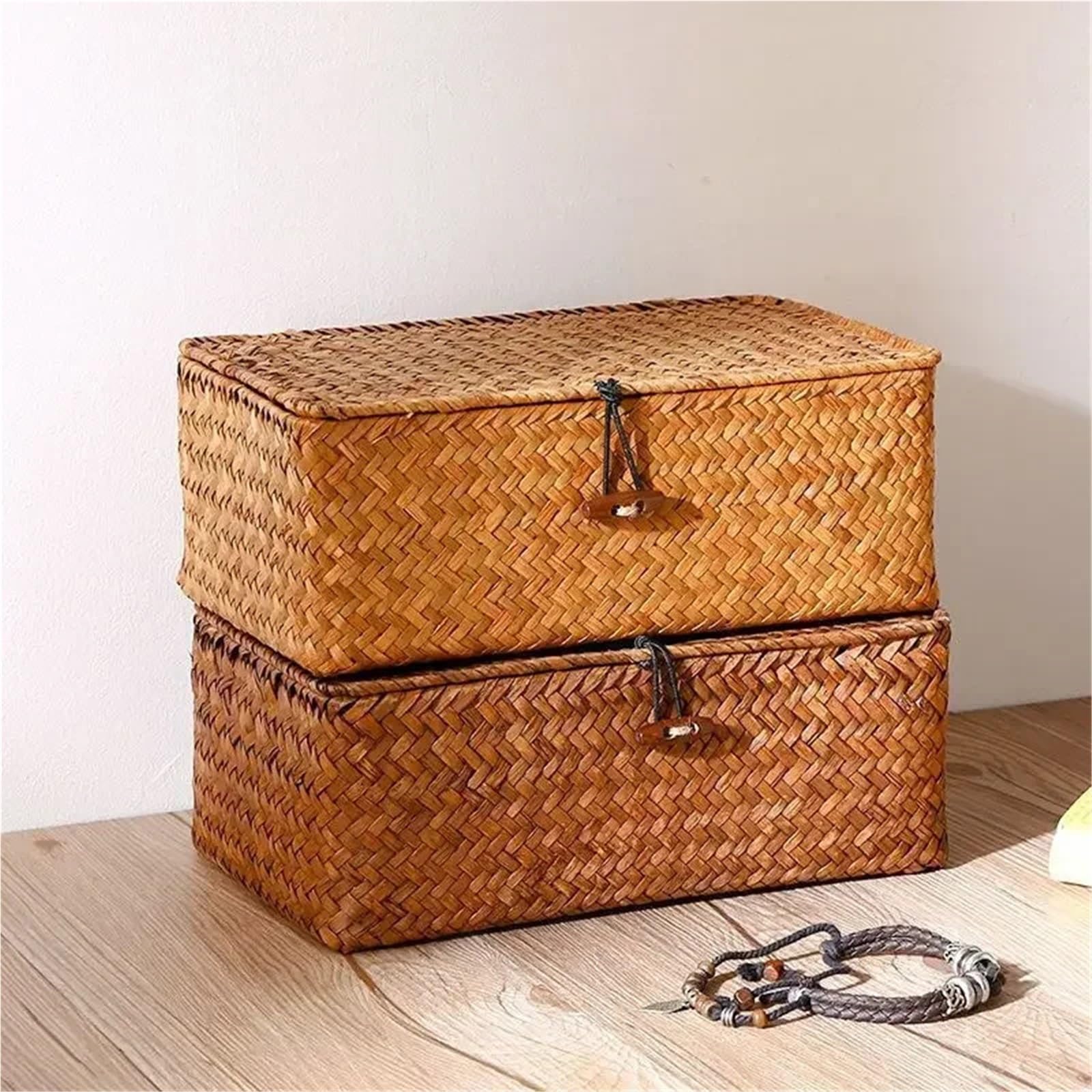 Cesto portaoggetti vintage fatto a mano in paglia intrecciata, scatola da scrivania, regalo per biancheria intima da bagno (grande)