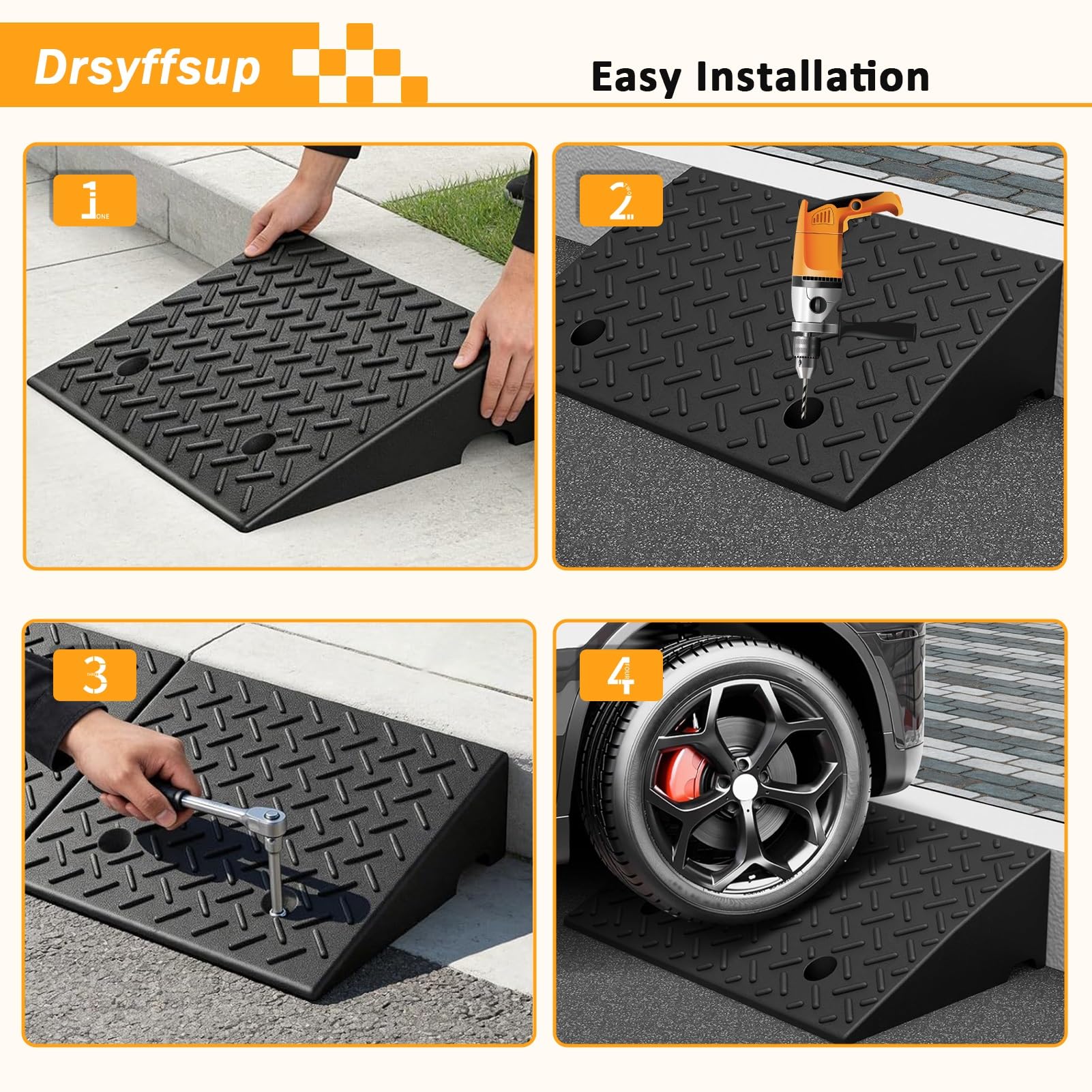 Rampa de Acceso para vehículos de 3,9"/4,3" de Altura - Kit de rampa de umbral de Goma Resistente - para muelles de Carga, garajes, aceras, Camiones, Scooters, Motocicletas y movil