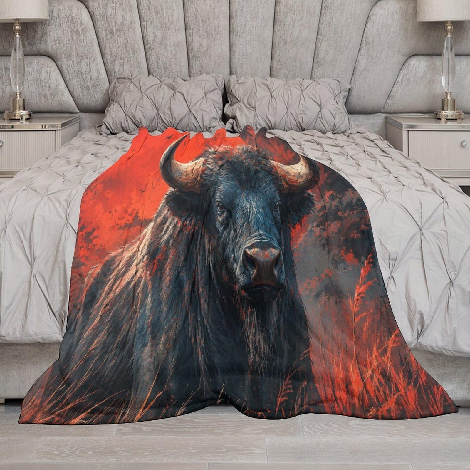 Dramatic Buffalo Portrait with Red Accents Kuscheldecke für Zuhause