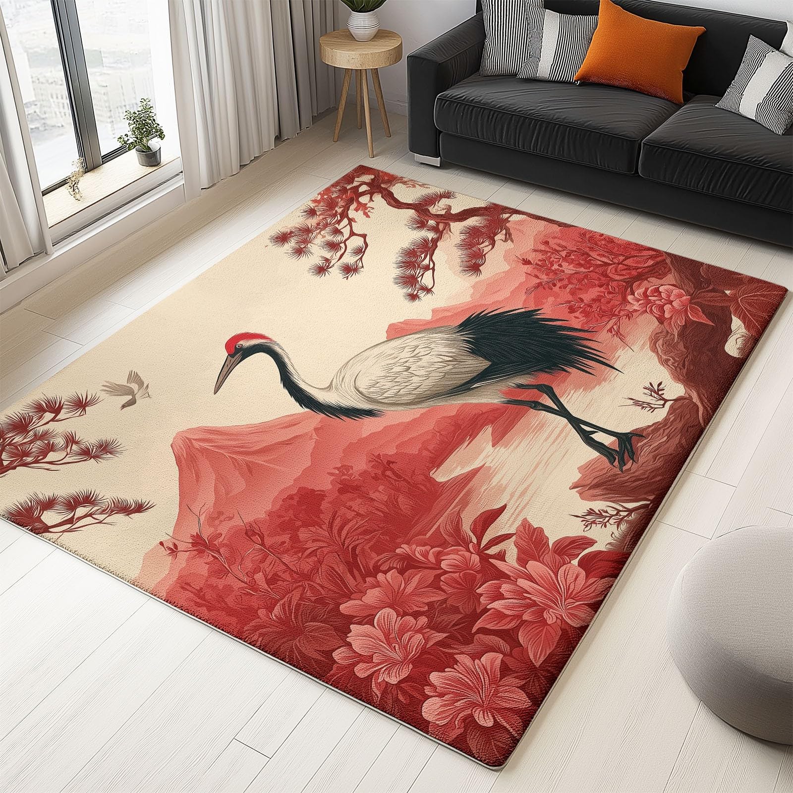 Tapis de salon fleurs style oriental japonais poil ras doux tapis de chambre rose marron