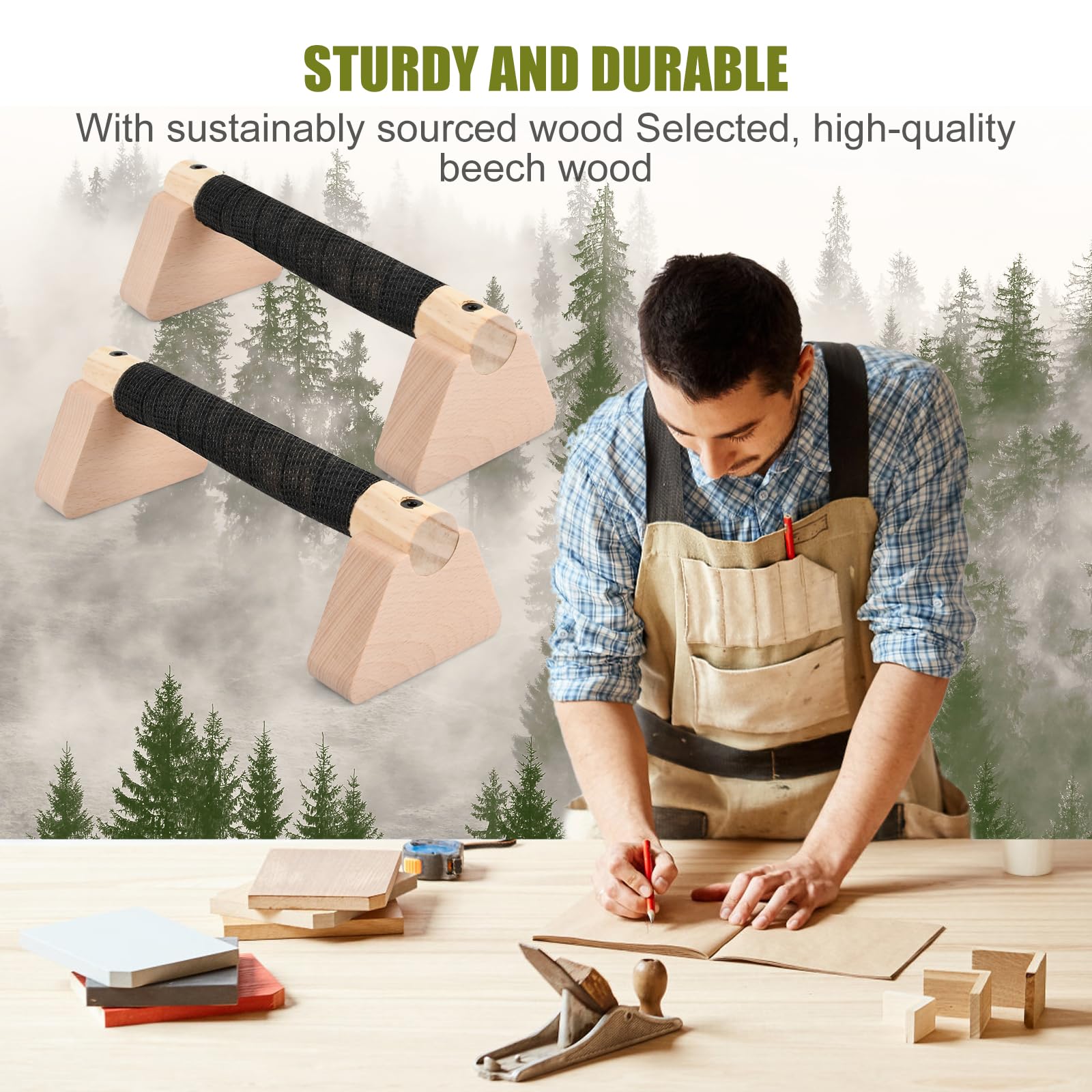 2 Maniglie Per Flessioni In Legno Di Faggio – 25 Cm, Impugnature Parallele Con Base In Gomma Antiscivolo, Portata 300 Kg