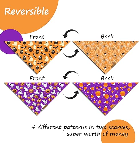 Miniatura 9 de Bandanas de Halloween para perro, paquete de 2 baberos con patrón de murciélago y calabaza, reversibles, lavables, duraderas, para otoño, adecuados