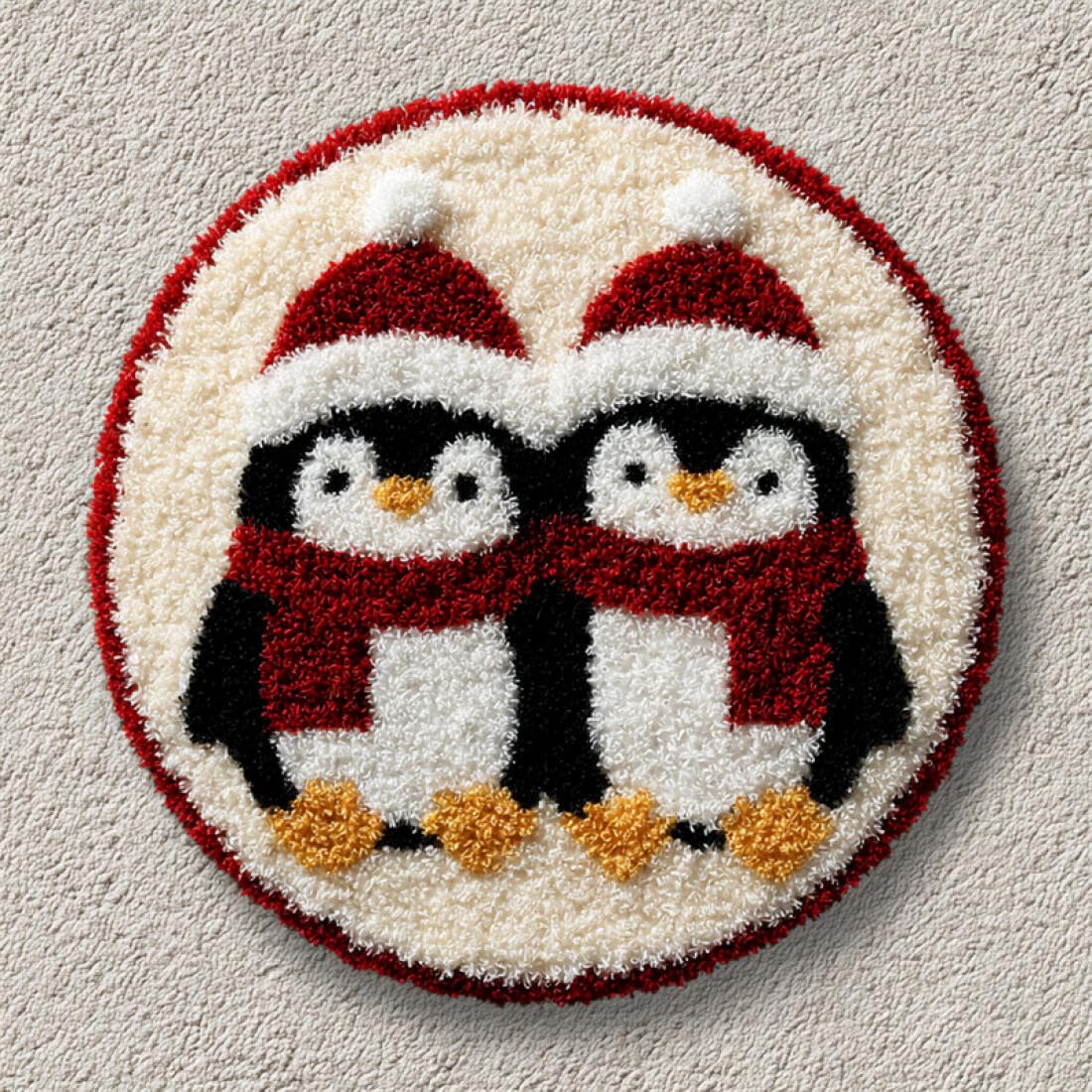 Rqwybcaxn DIY Rug Latch Hook Kits for Beginners Animal Cross Stitch Kit Cartoon Penguin 60x60cm Round Tapestry with Crochet Hook Bedroom Craft Gift