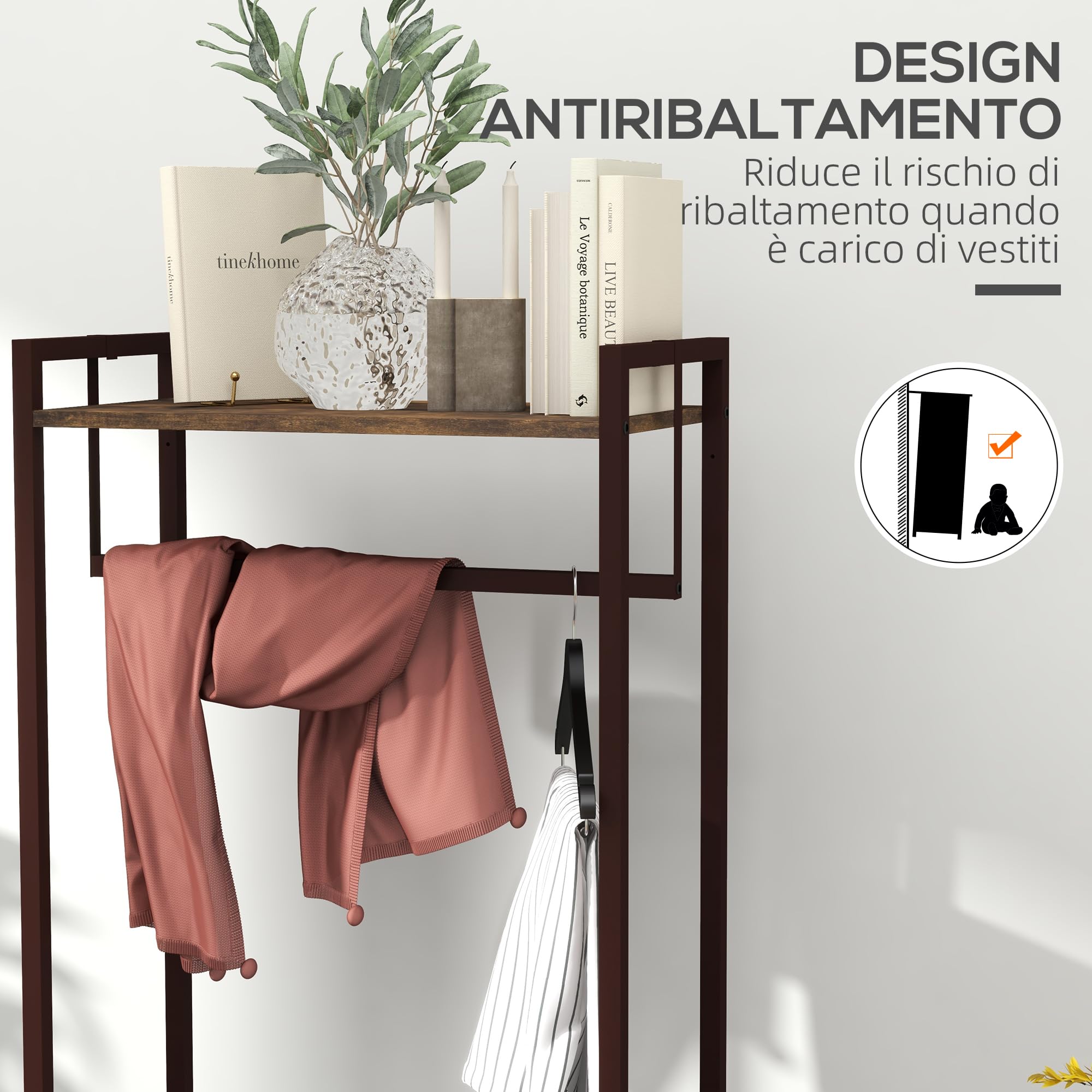 HOMCOM Appendiabiti da Terra con Asta, 3 Cassetti, 58.5x30x178 cm, Marrone