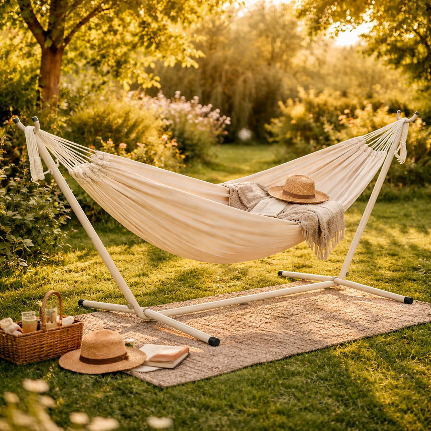 Amaca Da Giardino Con Supporto In Acciaio Beige Portata 200 Kg Altezza Regolabile Telo Cotone Resistente Amaca Brasiliana Esterno Terrazzo Piscina Balcone Con Borsa 265 x 110 x 100 Cm Beige