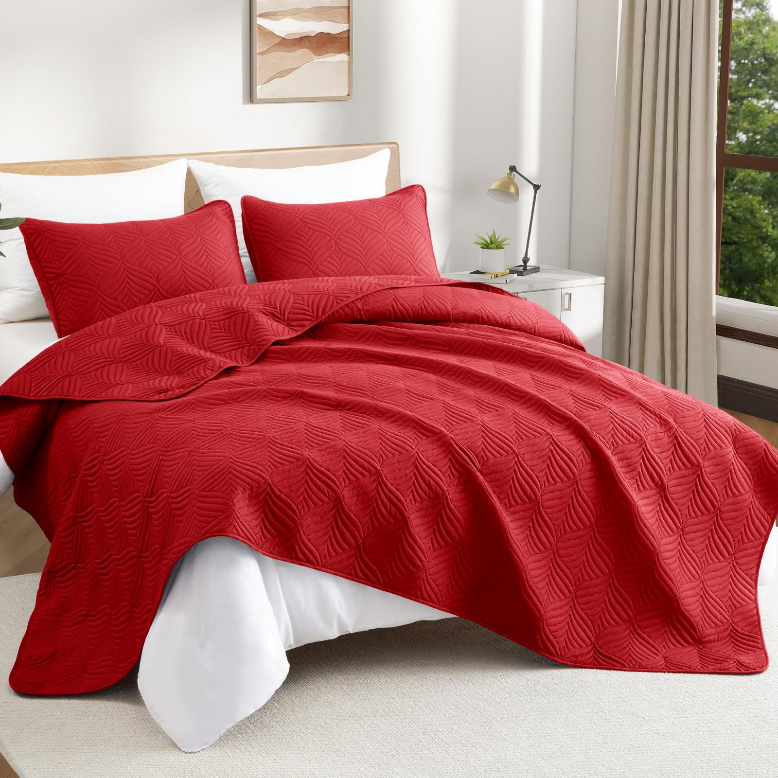 Whale Flotilla Colcha Moderna de 260 x 280 cm, Colcha con 2 Fundas de Almohada, Edredón de Microfibra con Estampado en Relieve, Ropa de Cama Ligera y Suave para 4 Estaciones, Rojo