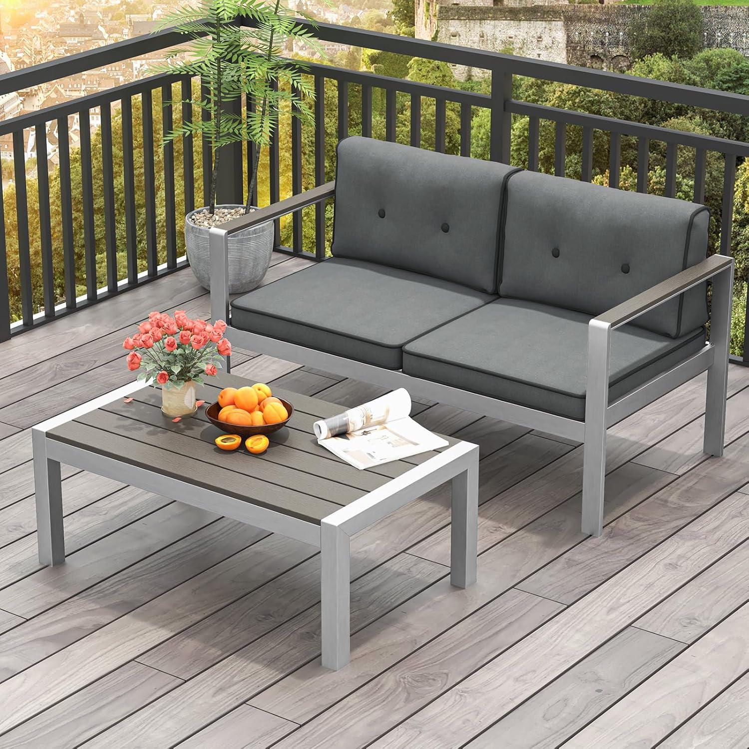 HAPPYGRILL Outdoor Coffee Table with Aluminum Frame, WPC Top Patio Side Tea Table, Home Rectangular Accent Cocktail Table, All-Weather Coffee Table for Patio, Poolside, Backyard
