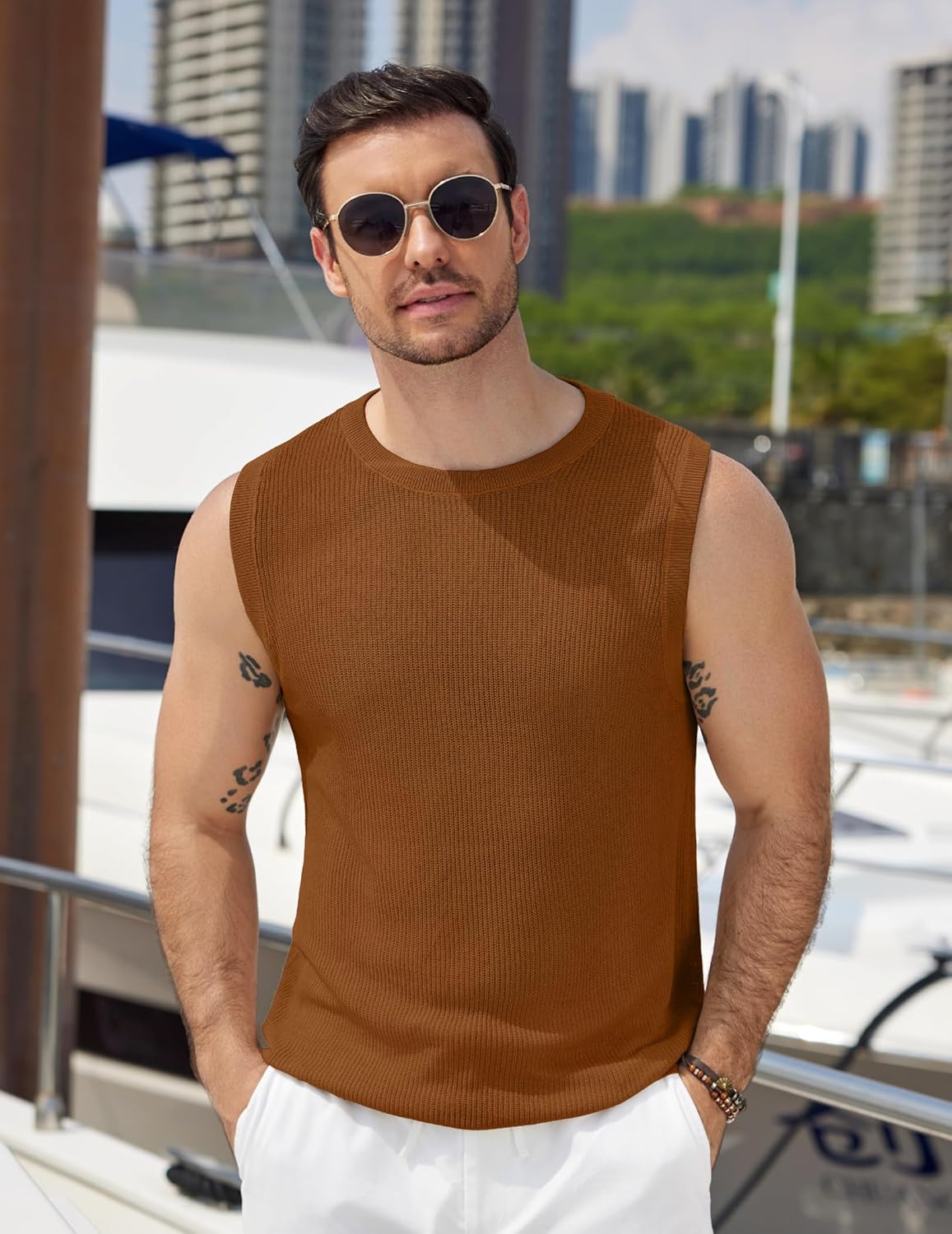 COOFANDY Mens Casual Knitted Tank Tops Crew Neck Sleeveless Muscle T Shirts Summer Beach Tops - Image 2