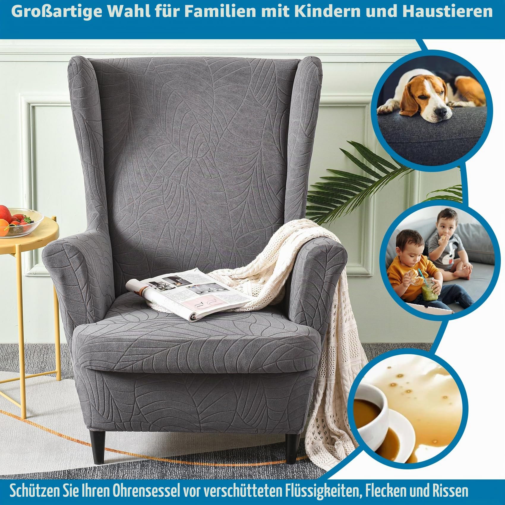 HZDHCLH Ohrensessel Überzug 2 Teilig mit Armlehnen modisch elastisch | Sofa-Schutzbezug Möbelschutz Stuhlbezug geeignet für Sessel Wohnzimmer Schlafzimmer Hotel (Dunkelgrauer Jacquard)