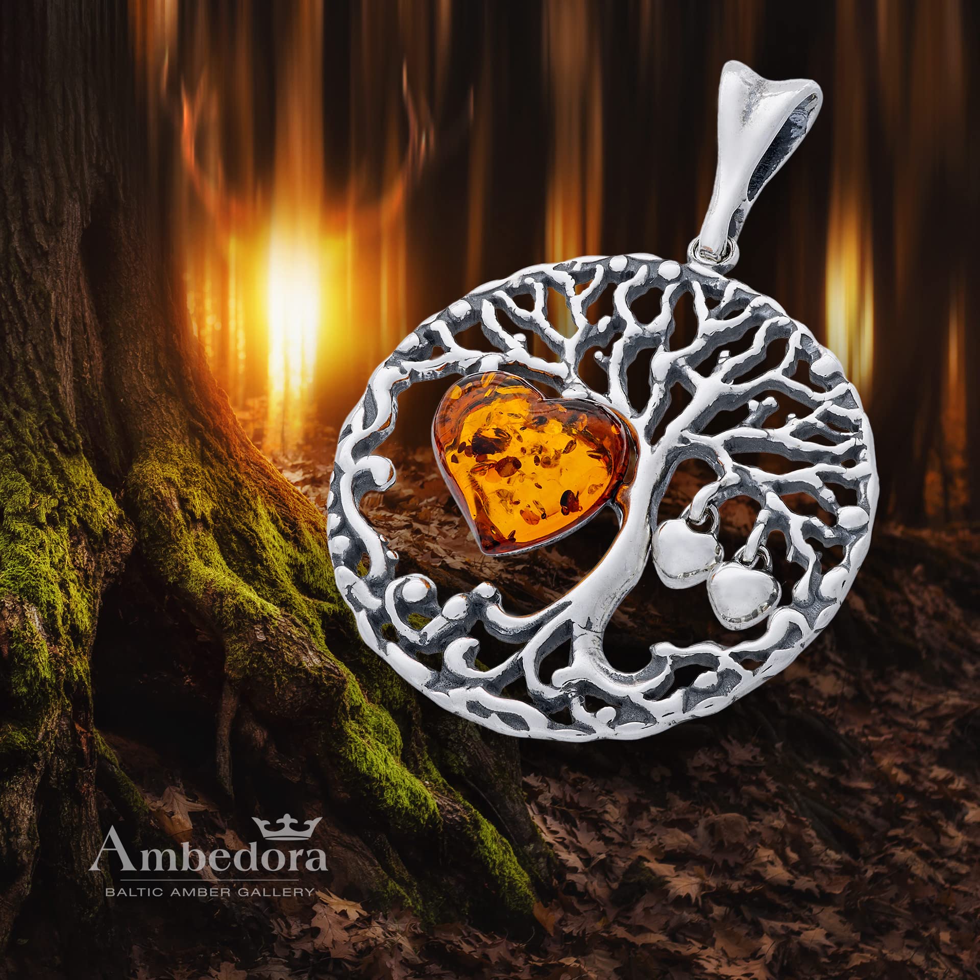 Collar de Mujer de Plata Estelina Oxidada, Corazón de Ámbar Báltico, Colgante Árbol de la Vida Celta con Corazón de Ámbar en Cadena