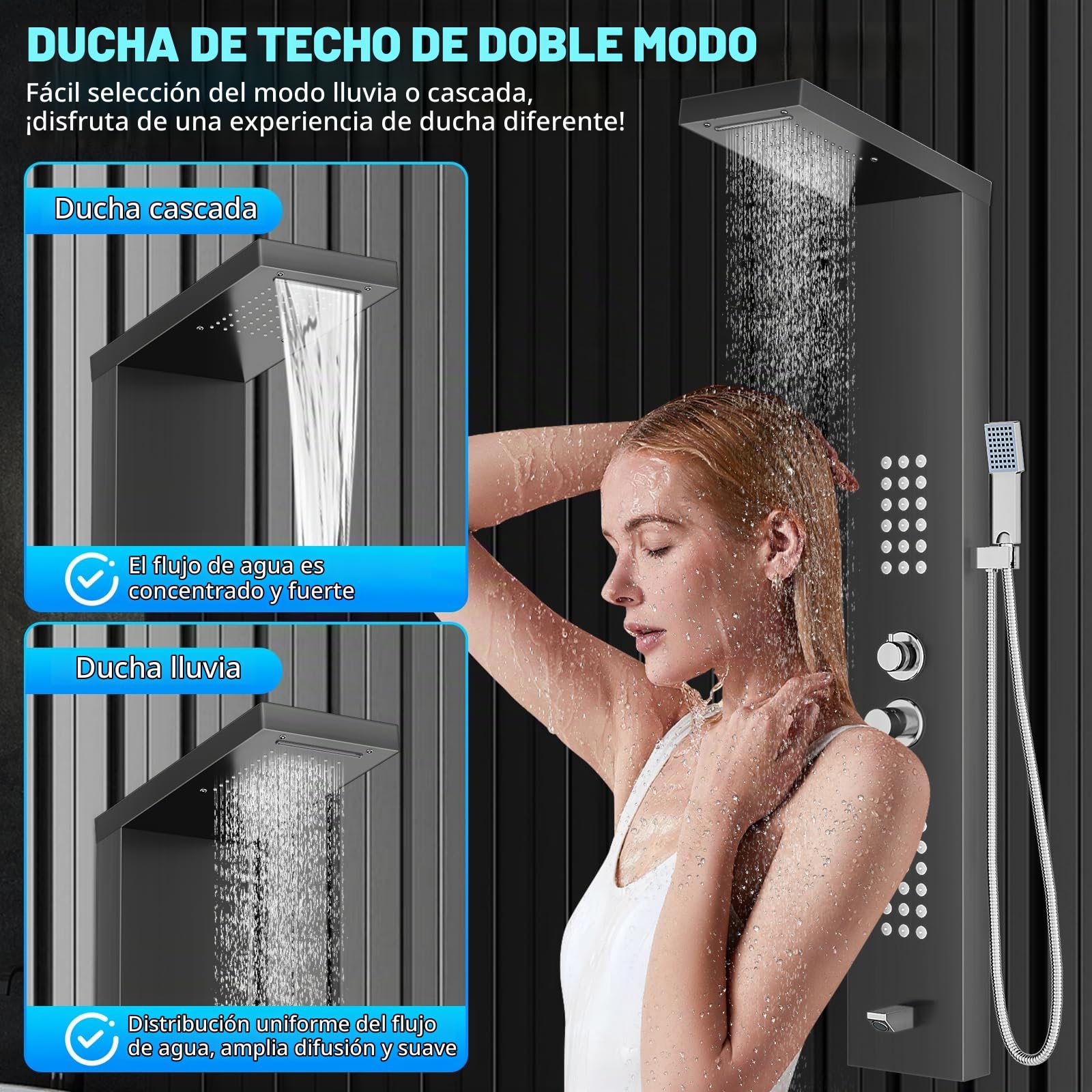 Sistema de panel de ducha con 5 modos, Negro Panel de Ducha Acero Inoxidable para Baño,hidromasaje y cascada,caño para bañera y cabezal de ducha con manguera, baño