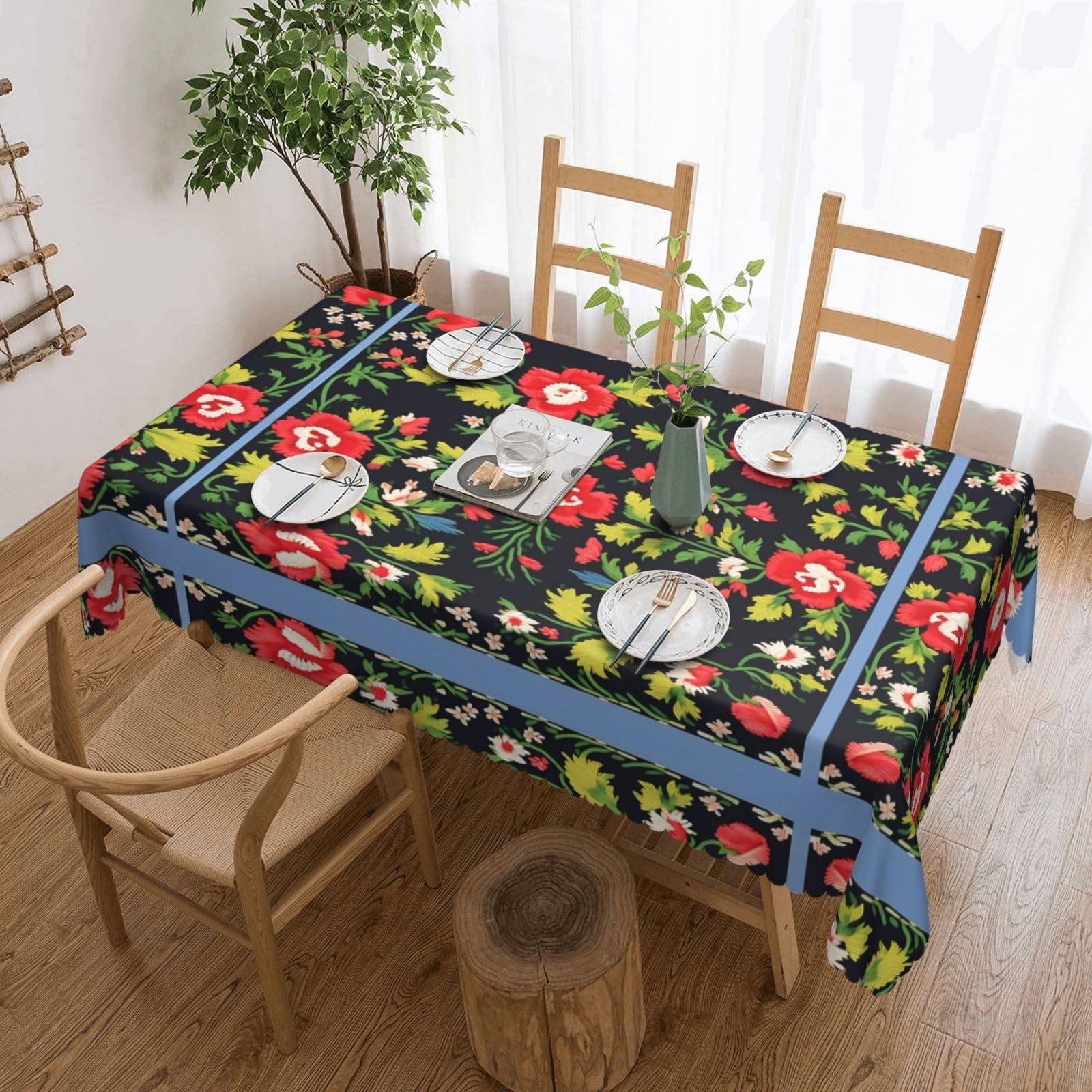 Nappe avec broderie ukrainienne rectangulaire motif rose pour table de salle à manger