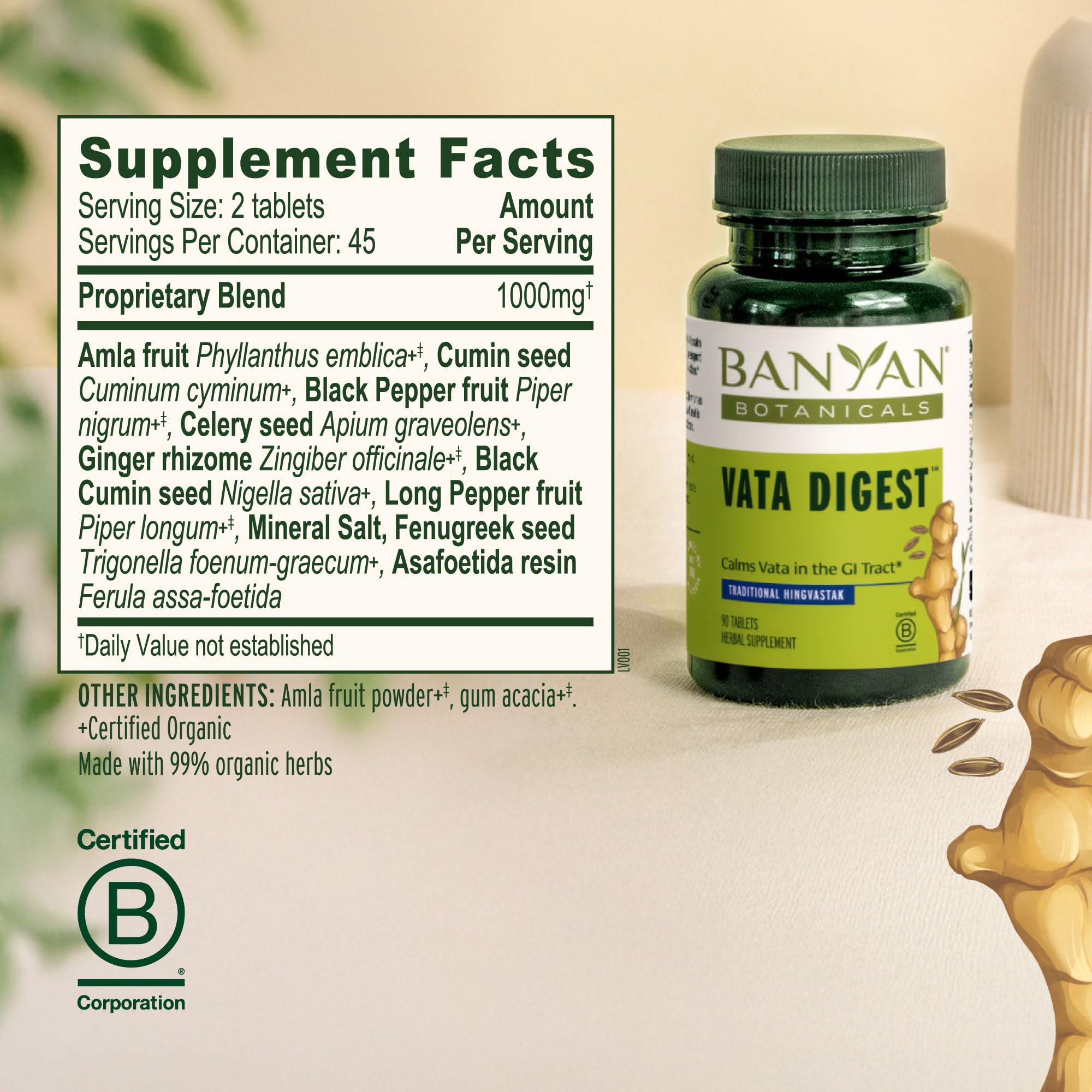 Banyan Botanicals Organic Vata Digest – Warming Digestive Support Supplement – Herbal Bloat & Gas Relief with Ginger, Cumin & Ajwan – Support for Slow Digestion – 90 Tablets – USDA Organic — Amazon image 6