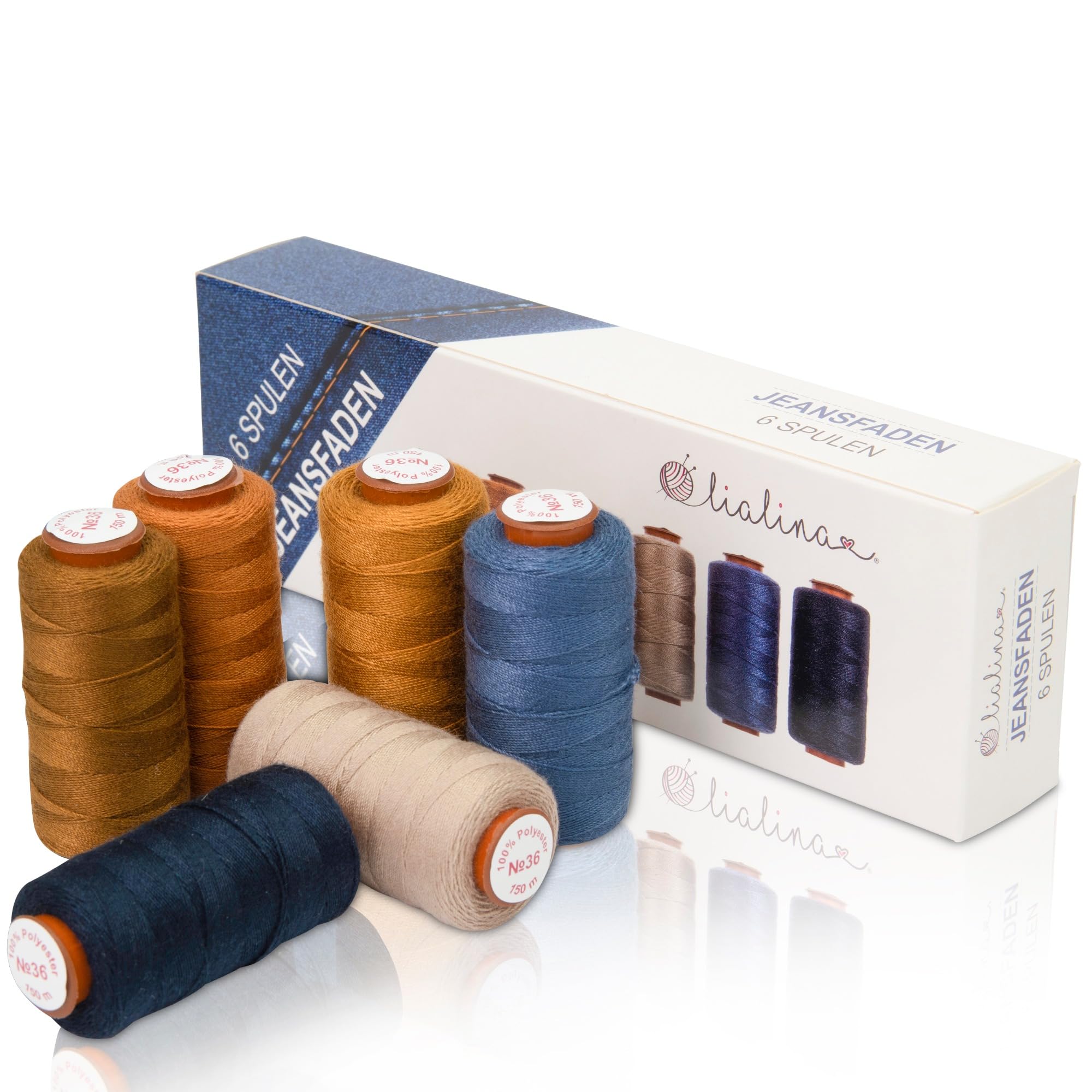100% Polyester Denim Jeans Threads for Sewing Machine - Extra Strong No. 36 Sewing Thread Set for Seams as in The Original - 6 Coloured Threads/150m Each