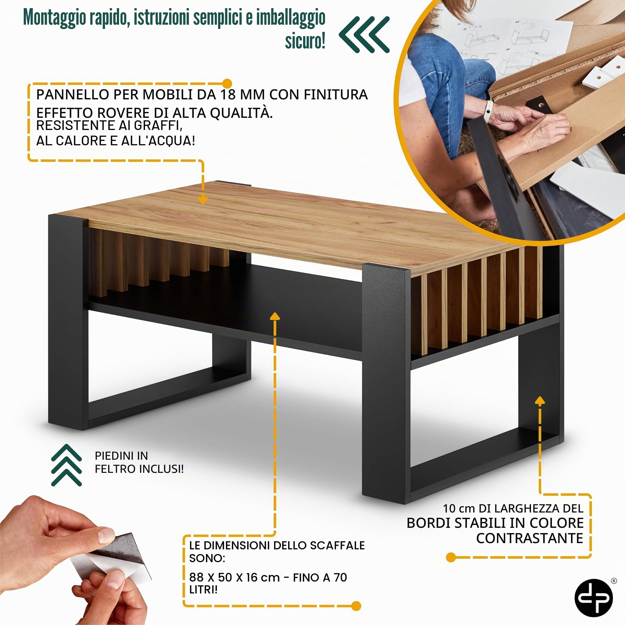 defiPad Tavolino moderno con vano portaoggetti | 92 cm di larghezza con agnello | grande tavolo da soggiorno in rovere | massiccio e stabile | Coffee Table (Nero + Rovere)