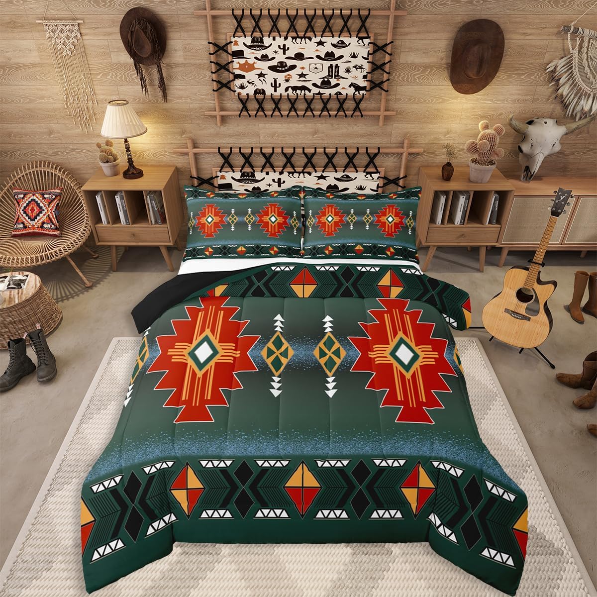 Erosebridal Southwestern Aztec Twin Comforter Set, Rustic Western Bedding Set, Exotic American Native Bedding Comforter Sets for Boys Teens Men Bedroom, Vintage Bohemian Geometric Quilt, Red Green