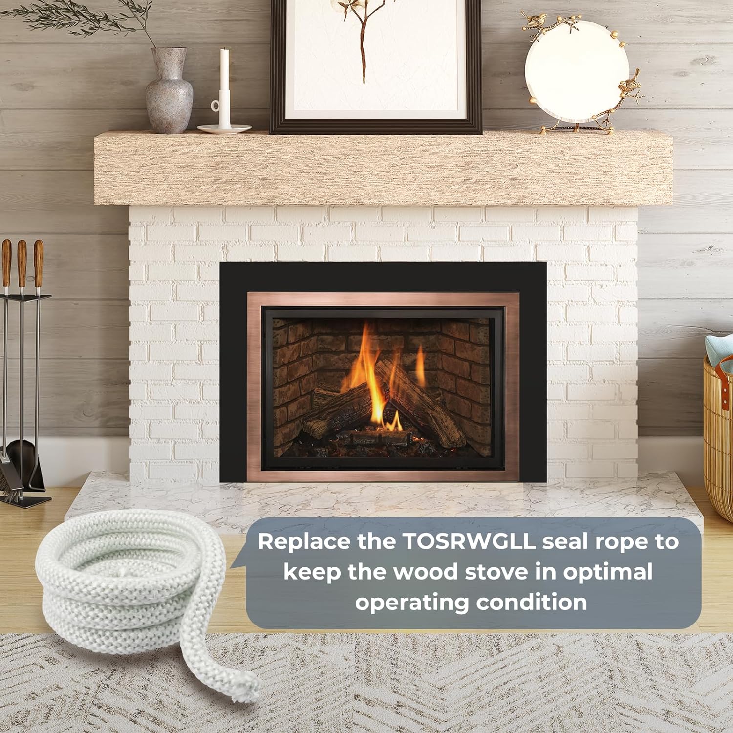 Wood Stove Door Gasket Rope,High Temperature Round Fiberglass Rope Seal for Fireplace,Oven,Pellet Stove,Central Boiler,Wood Stove Replacement Gasket Kit for Woodburning Stoves(1" x 10ft Rope)