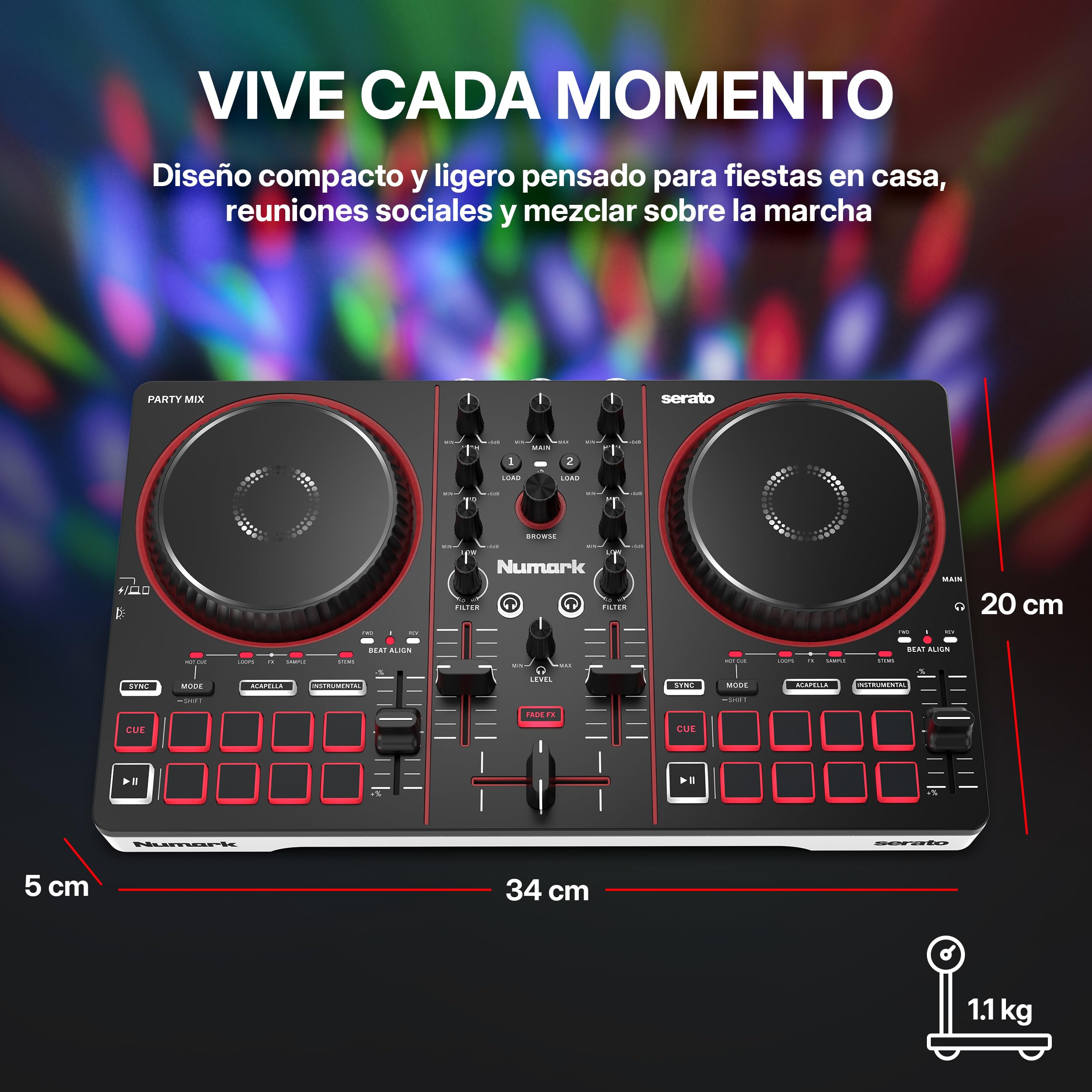 Numark Party Mix III Controlador DJ Bluetooth con Luces Integradas | Beat Assist, Smart Fader, 16 pads, mezclador DJ de 2 decks, control Stems, USB-C, Serato DJ Lite y Algoriddim djay incluidos