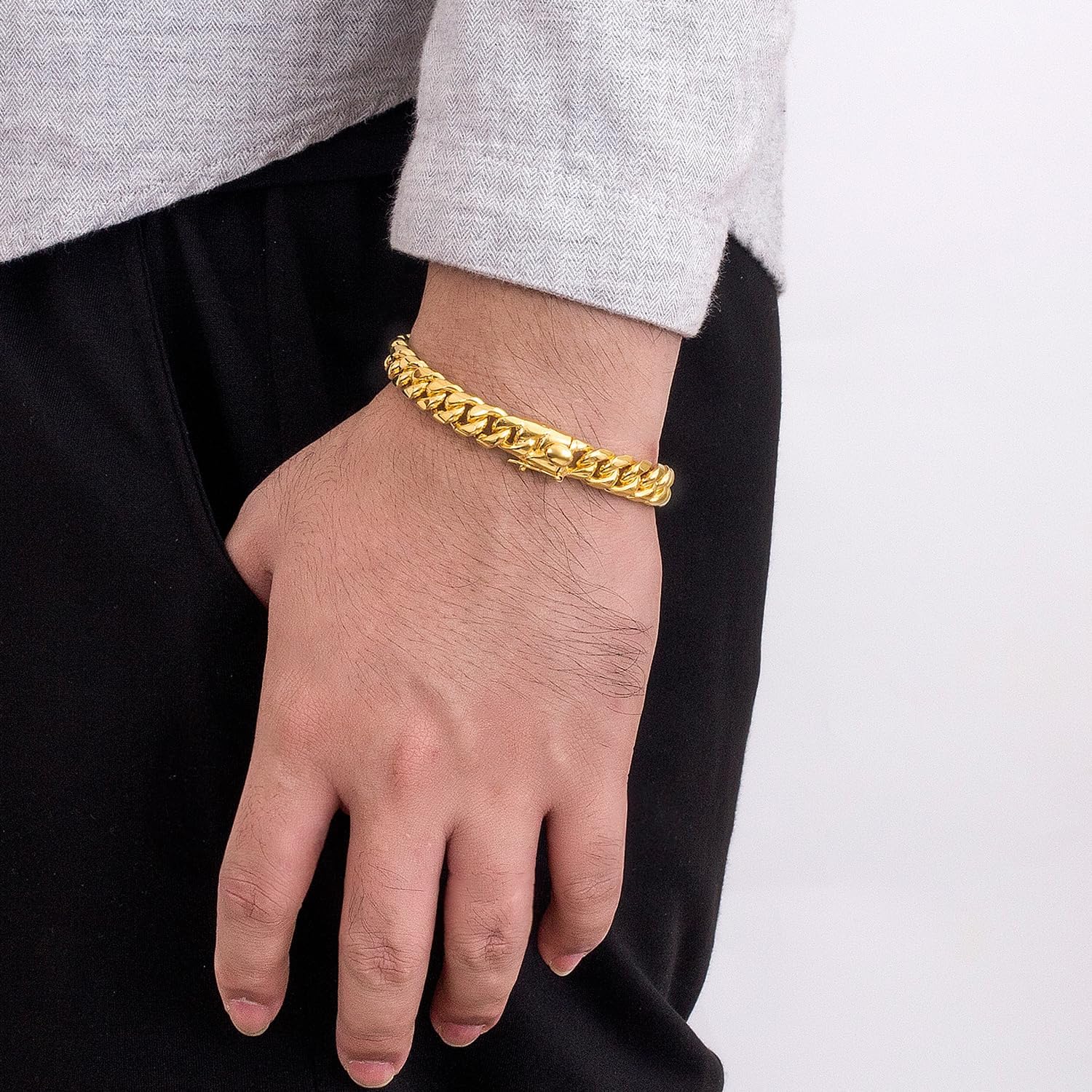 Dankadi Fashion Men 925 Sterling Silver Bracelet-Original Silver Classic 10MM Cuban Chain 7 "7.5" 8 "8.5" 9 "9.5" 10" Fine Jewelry Gift (Classic-Gold, 10 inch) - Image 2