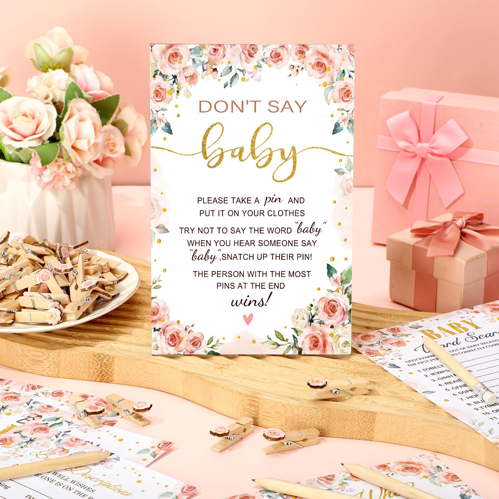 Patelai 321 piezas de suministros florales para juegos de baby shower, 5 juegos (50 tarjetas cada uno) tarjetas de actividades con 20 lápices, 1 letrero de "Don't Say Baby Shower" y 50 pinzas de