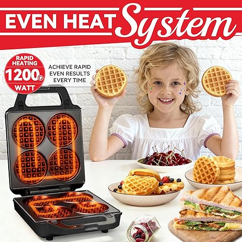 Miniatura 3 de Máquina de gofres 2 en 1 con platos extraíbles, waflera clásica de 4 x 4 pulgadas para niños, platos de parrilla desmontables para el desayuno,