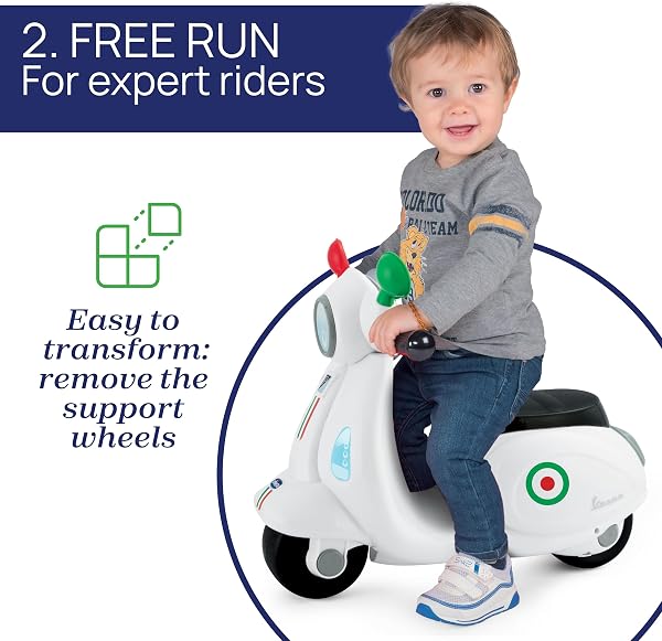 Chicco Vespa per Bambini Primavera Bianca, Moto Giocattolo Cavalcabile con Pannello Elettronico, Luci e Suoni, Ruote di Supporto Rimuovibili, Max 25 Kg, Giochi per Bambini 1-3 Anni - 5