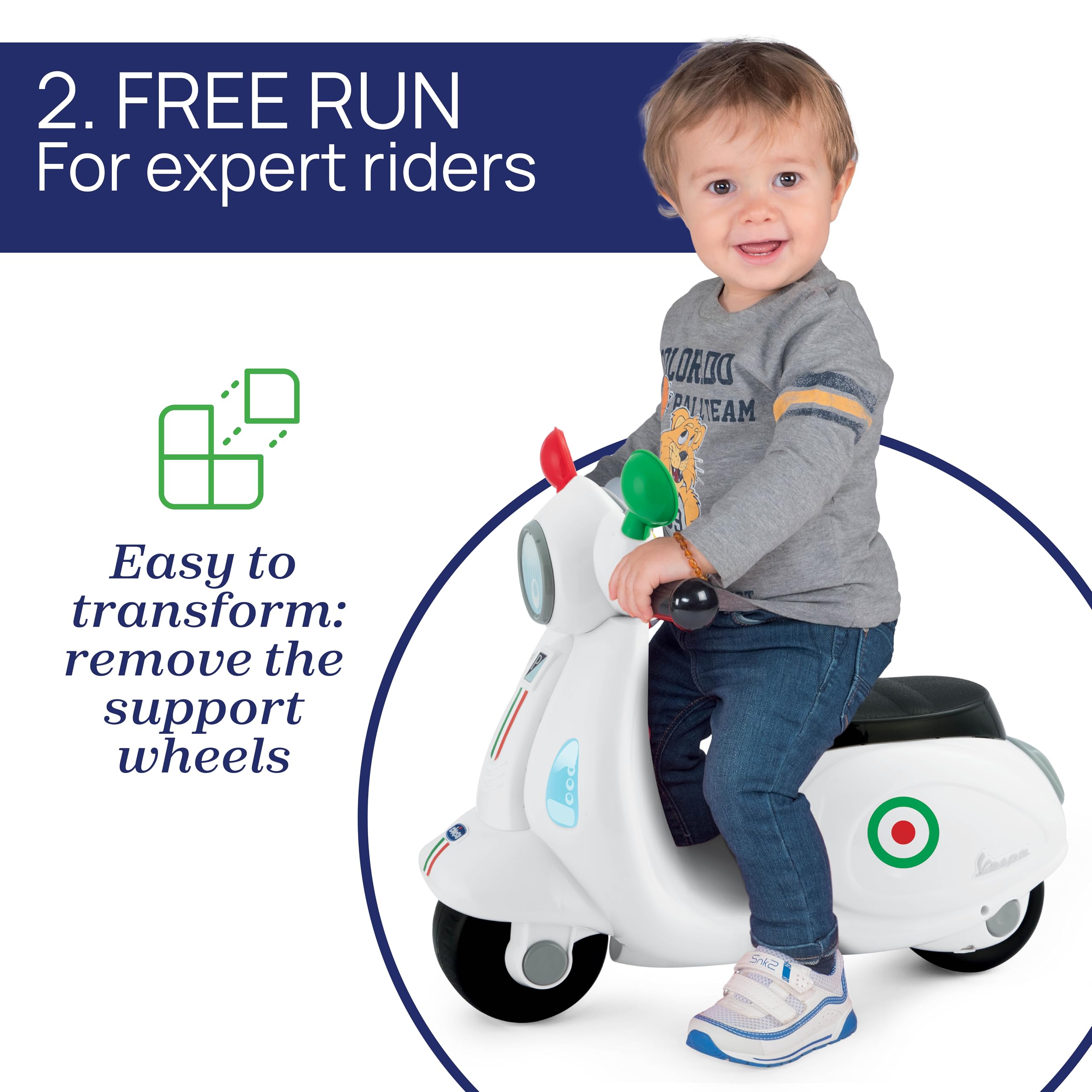 Chicco Vespa per Bambini Primavera Bianca, Moto Giocattolo Cavalcabile con Pannello Elettronico, Luci e Suoni, Ruote di Supporto Rimuovibili, Max 25 Kg, Giochi per Bambini 1-3 Anni