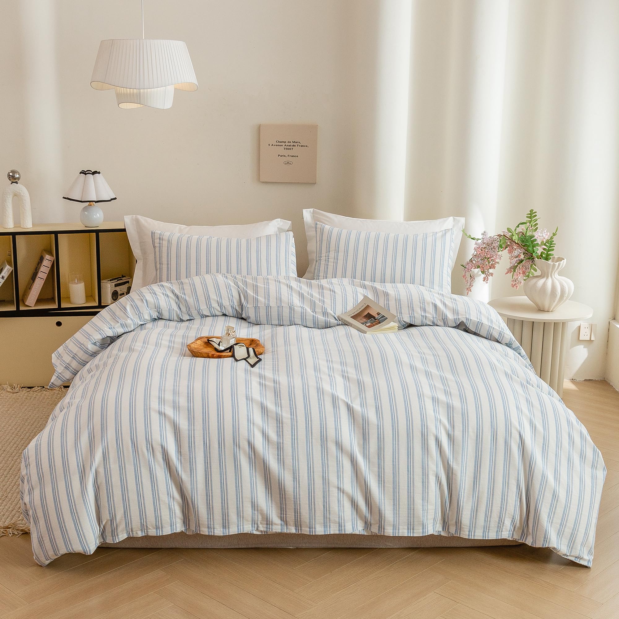 ECOCOTT Striped Duvet Cover Queen Size -100% Washed Cotton Linen Like Textured Breathable Durable Soft Comfy Bedding Set with Zipper Closure &amp; Corner Ties