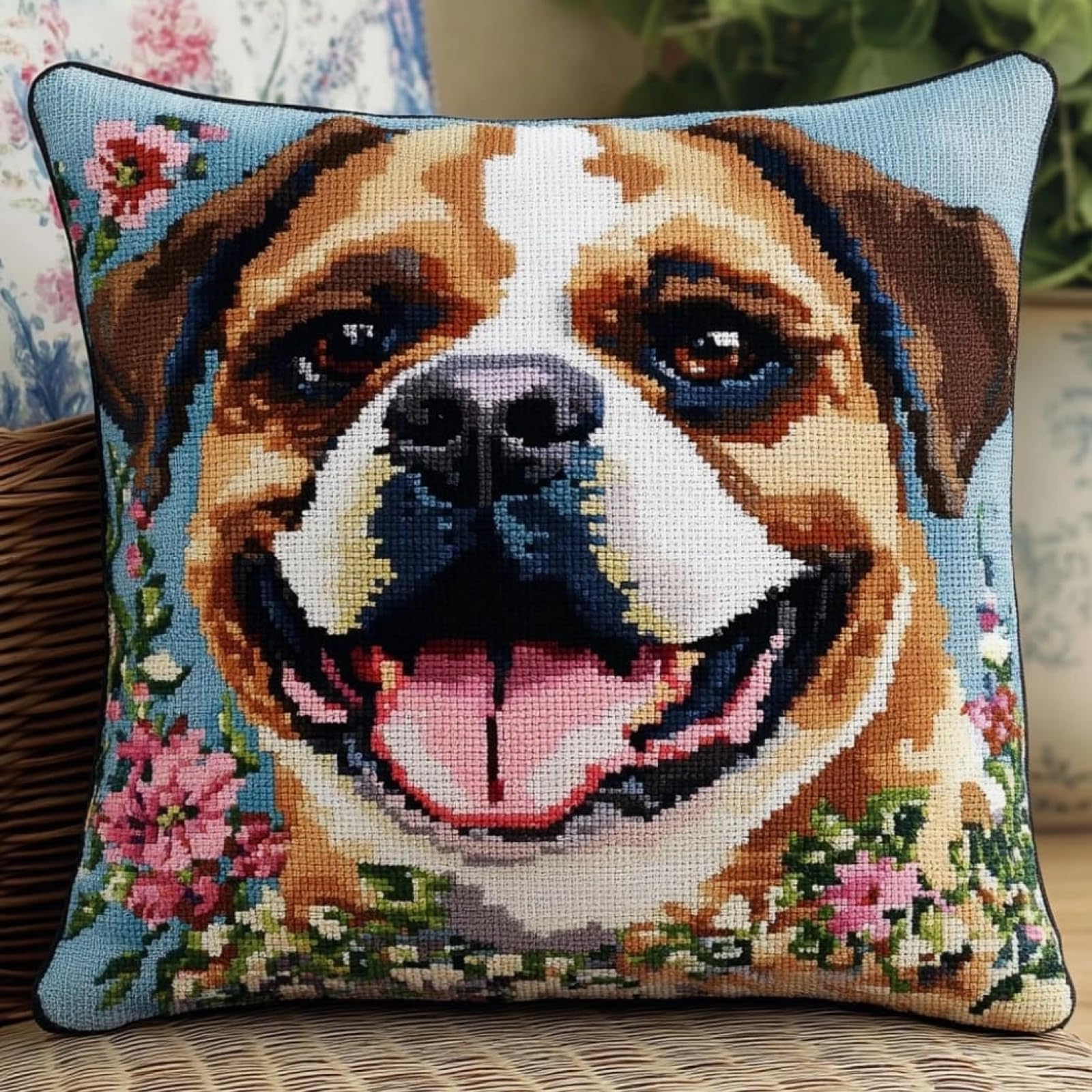 WallustrioaW Stamped Cross Stitch Pillow Kits,Animal Boxing Dog 11CT Cross Stitch Cushion Cover Embroidery Kit Needlepoint Handmade Cushion for Home Decor 18x18inch