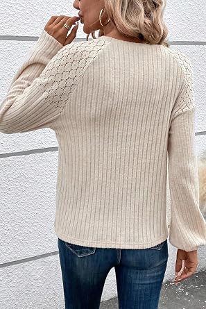 Irsutey Women's Solid Color Tops Lace Patchwork Long Sleeve Crew Neck Casual Loose Blouses Plus Size Trendy Sweatshirt