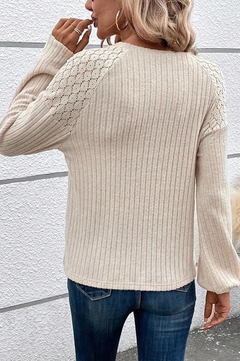 Irsutey Women's Solid Color Tops Lace Patchwork Long Sleeve Crew Neck Casual Loose Blouses Plus Size Trendy Sweatshirt