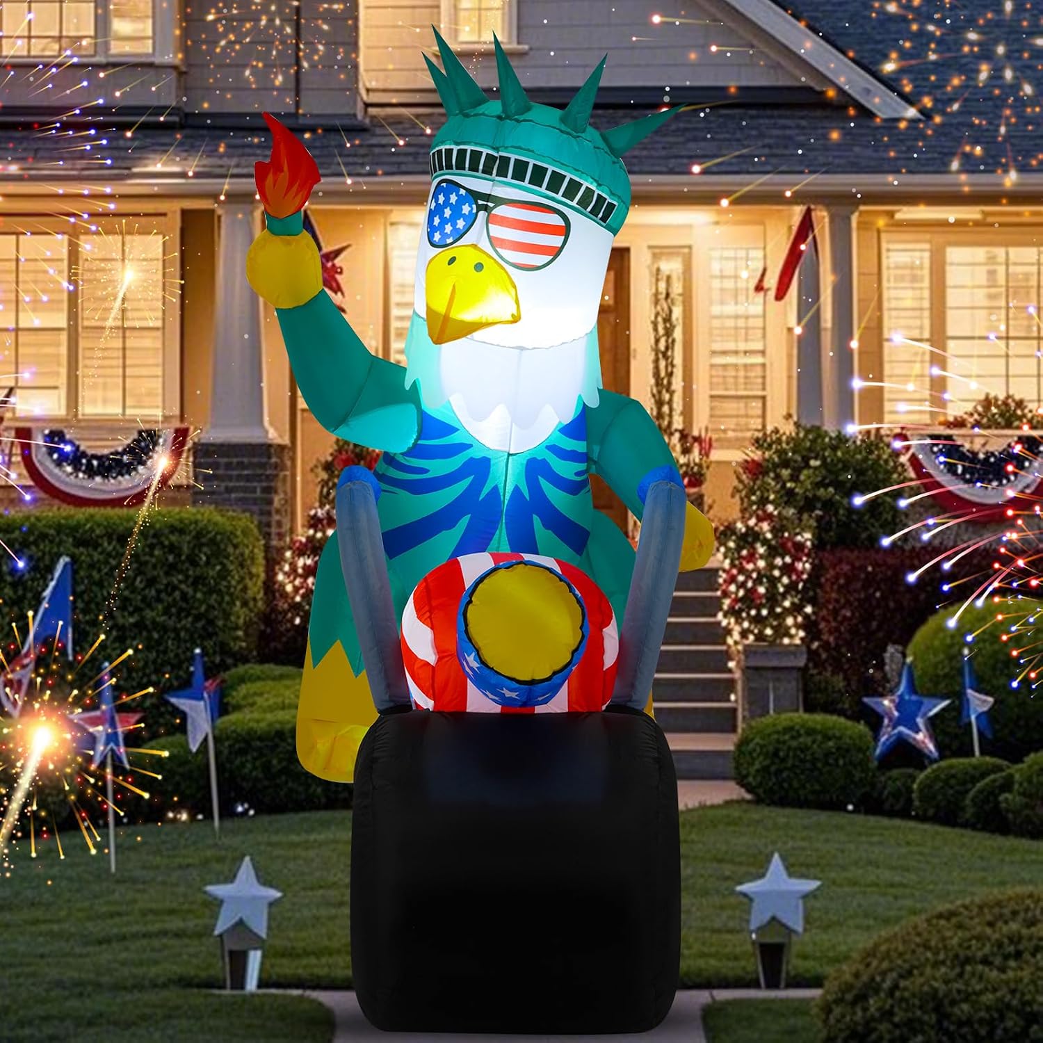 Mepase 4.9ft 4th of July Inflatable Outdoor Decoration, 250th Anniversary Goddess of Liberty Bald Eagle Sitting on Motorcycle LED Memorial Day Blow up Patriotic Independence Day Decor Outdoor