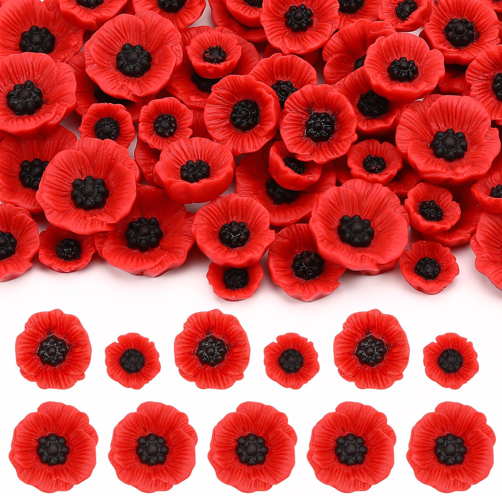 JUNEBRUSHS 75 Pcs Resin Artificial Poppy Flower, Red Fake Poppy Flower Stemless Faux Poppies Heads for Memorial Day Remembrance Veterans Day Crafts Wedding Home Garden Grave Decoration (3 Size)