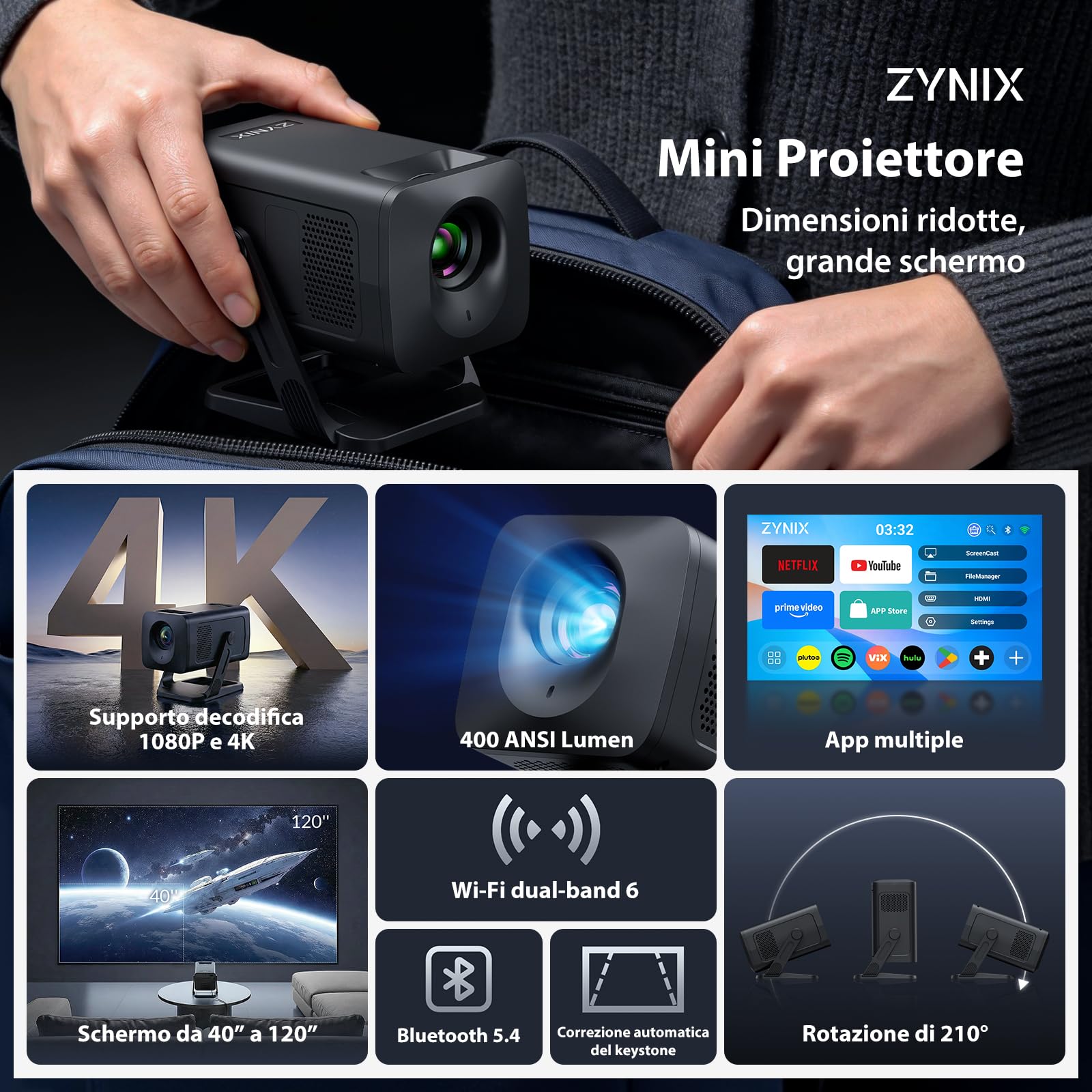 ZYNIX Mini Proiettore con Android 14, Supporta 4K e 1080P, NIX500 | Smart Proiettore con WiFi 6 e Bluetooth 5.4, Auto Keystone e Rotazione 210° per Home Cinema, Gaming e Outdoor