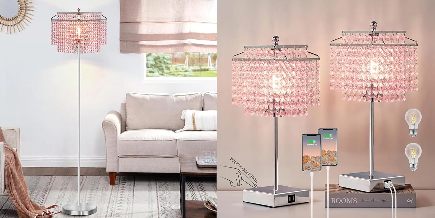 Luvkczc Tables Lamp and Floor Lamp Set, Crystal Table Lamp with USB Ports+Crystal Floor Lamps Set of 2, Morden Lamps for Living Room, Bedroom, Office, Pink