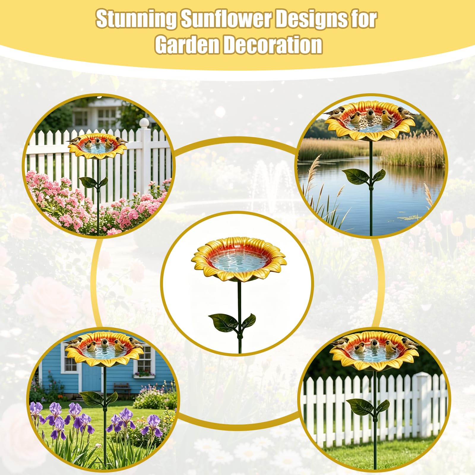 Vogeltränke Stehend, Metall Vogelbad Stehend im Sonnenblumen Design, Vogelfutterspender Vogeltränke Garten, Wassertränke für Vögel, Gartendeko für Draußen Wetterfest (5 Stück)