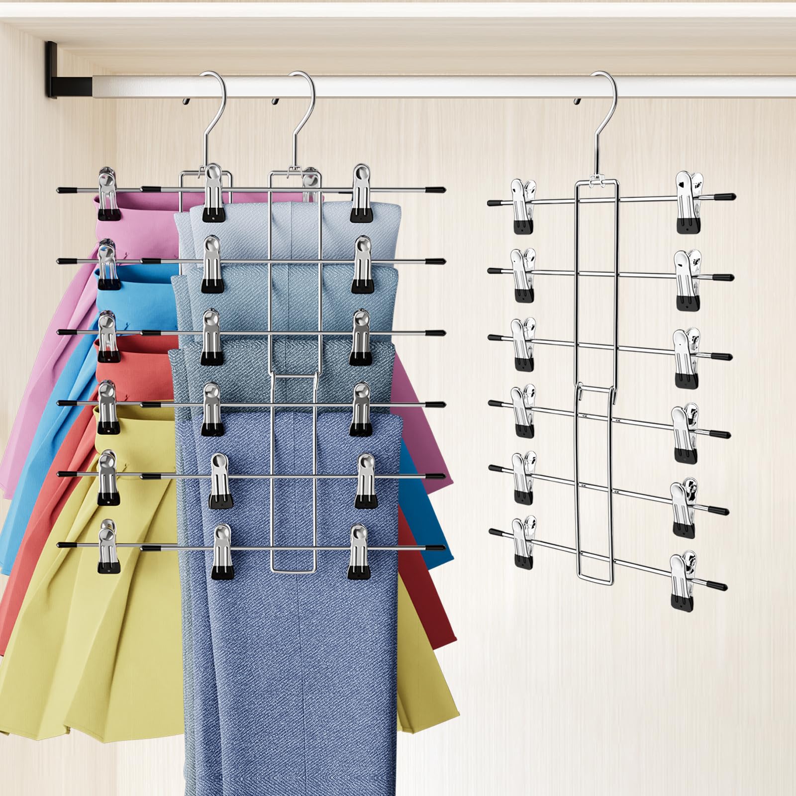 Pants Hangers-Closet Organizers and Storage-Hanging Closet Organizer-6 Tier-Skirt & Pants Hanger Space Saving-Durable Closets Organization Hanger-Skirt Hangers with Clips- 2 Pack -Apartment Essentials