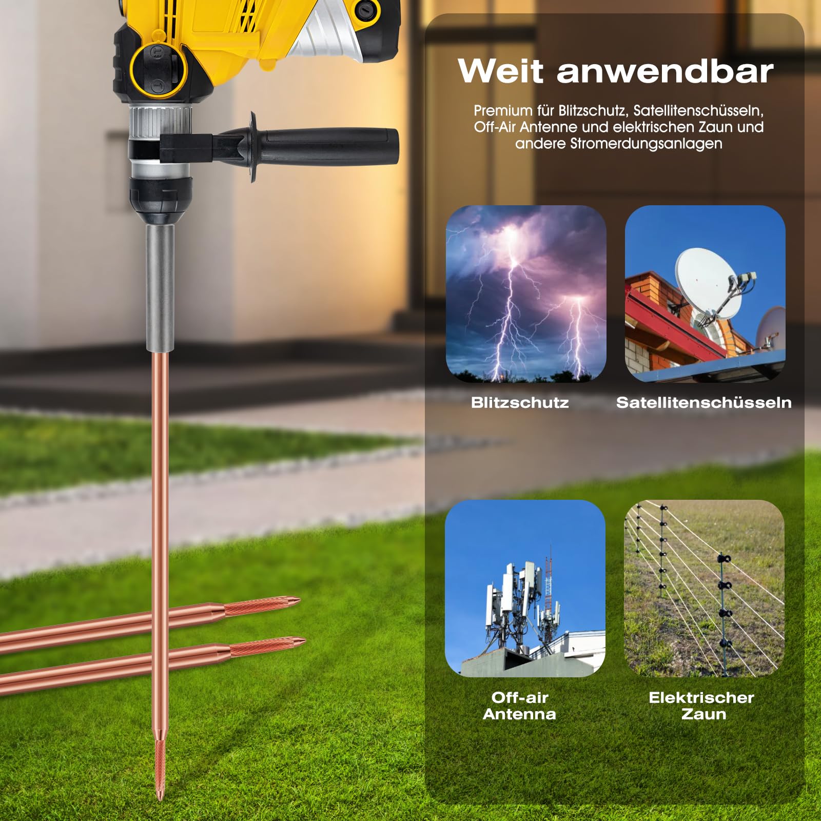 Ground Spike Set Kupferbekleidet 3m Durchmesser 16 mm - Tiefe Erdstange mit Kreuzverbinder & Korrosionsschutzband | Für PV-Anlagen, Blitzschutz & Elektroinstallatio (16mm x 3 meters)