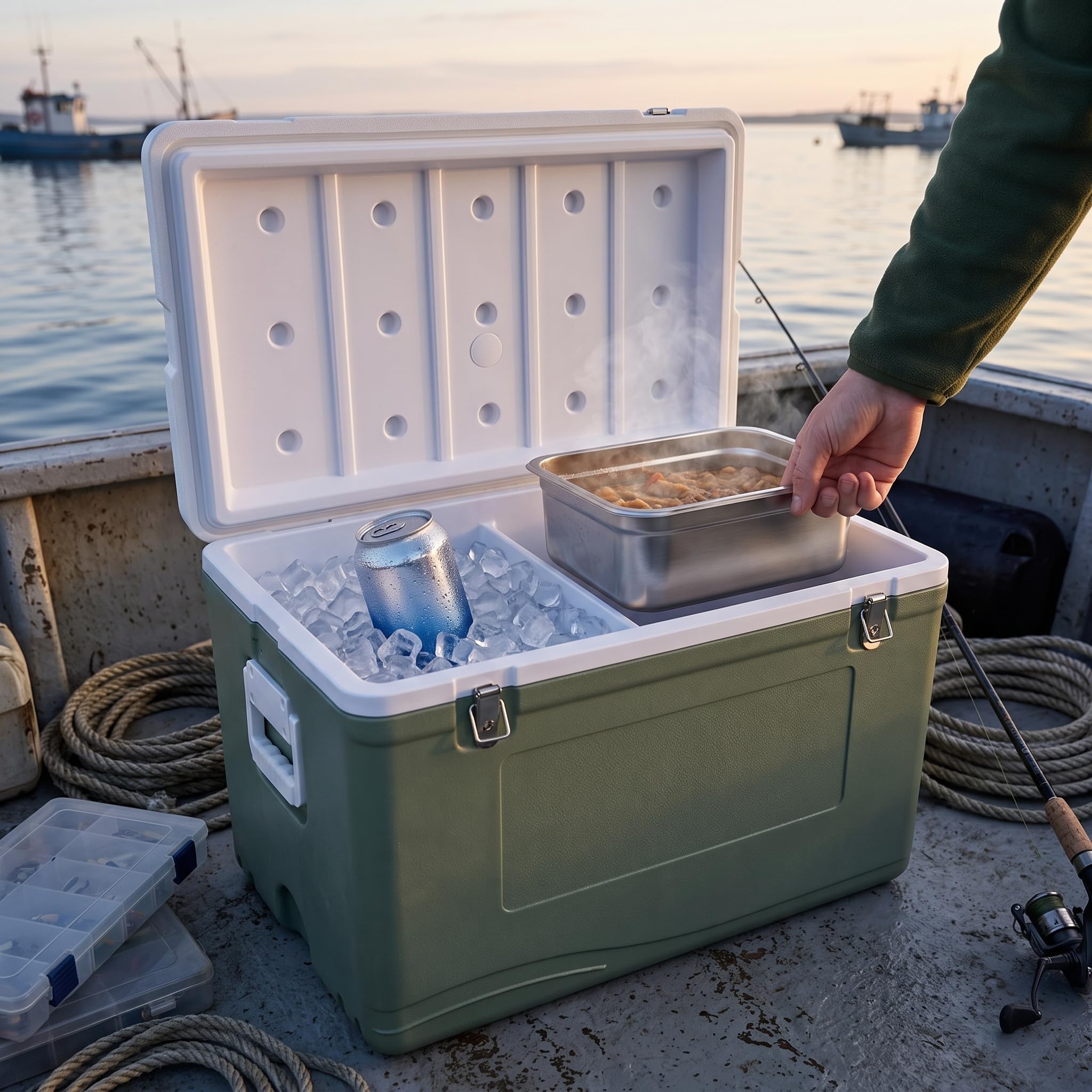 Passive Kühlbox groß für Camping, Auto und Outdoor – mit 72 Stunden Kalthaltung, Grün, 55L